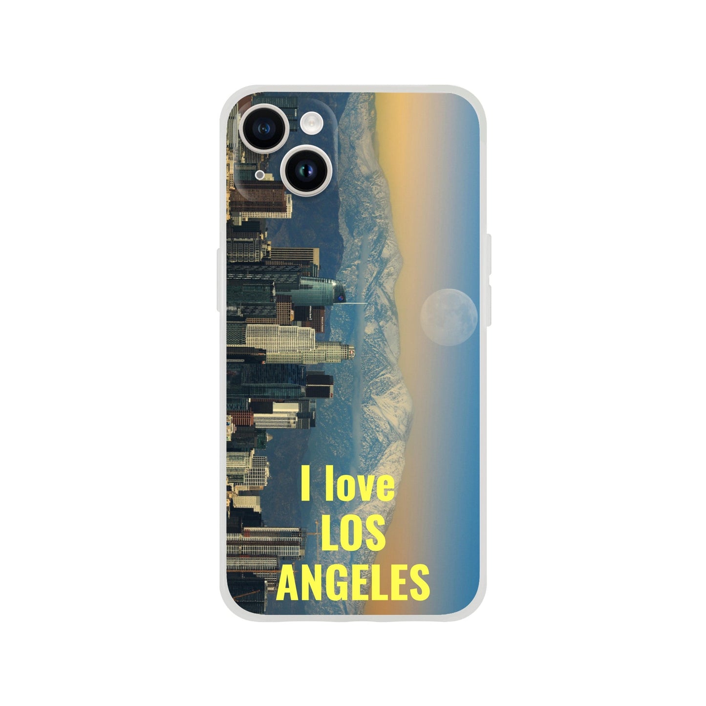 New iPhone Deals - 14x and 13x Apple iPhones - FLEXI case - View with Moon of LA CA - 'I Love Los Angeles' message - Green Forest Home