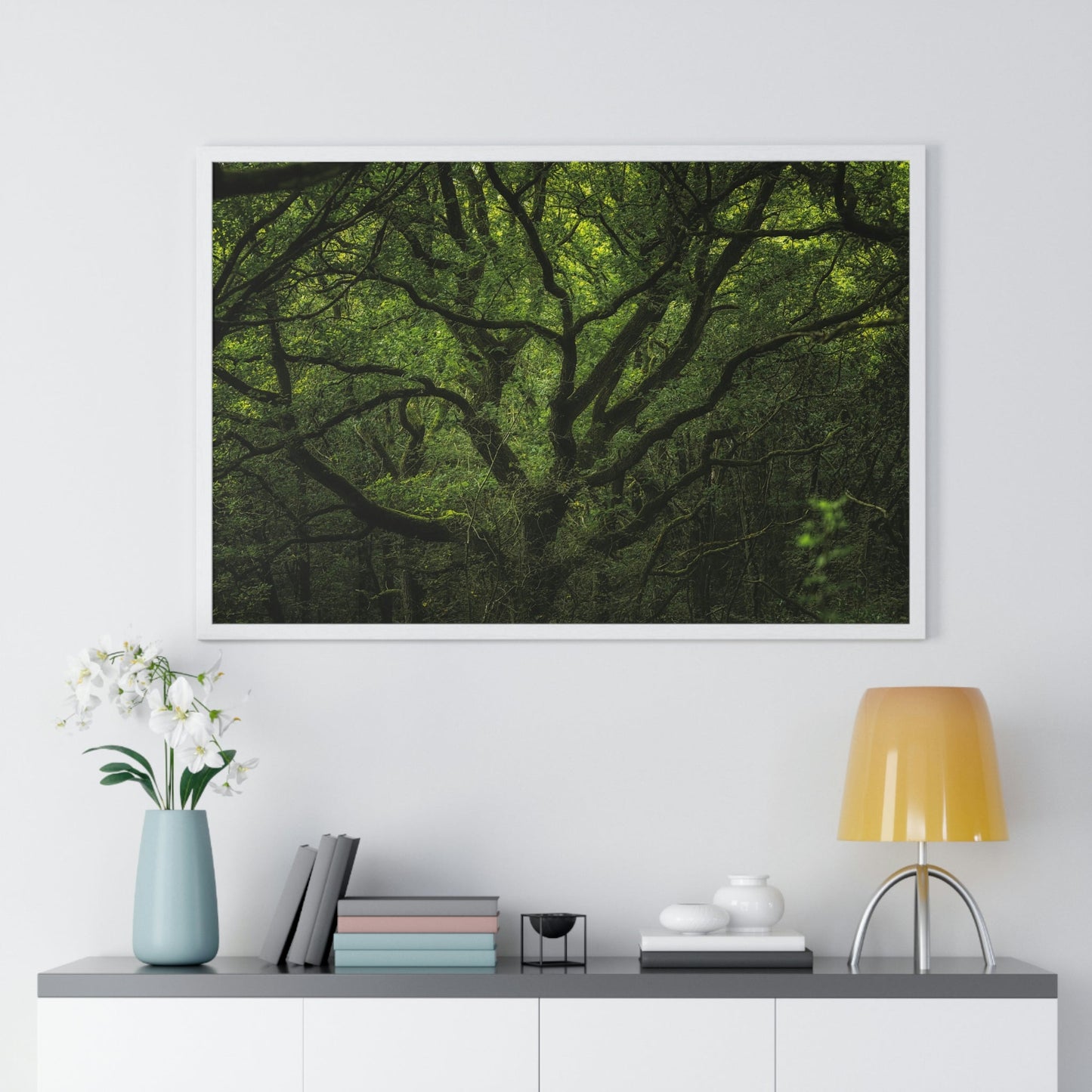 Premium Framed Horizontal Poster - Consall Valley. Vibrant green moody, ethereal UK forest woodland trees, and foliage - UK EUROPE - Green Forest Home