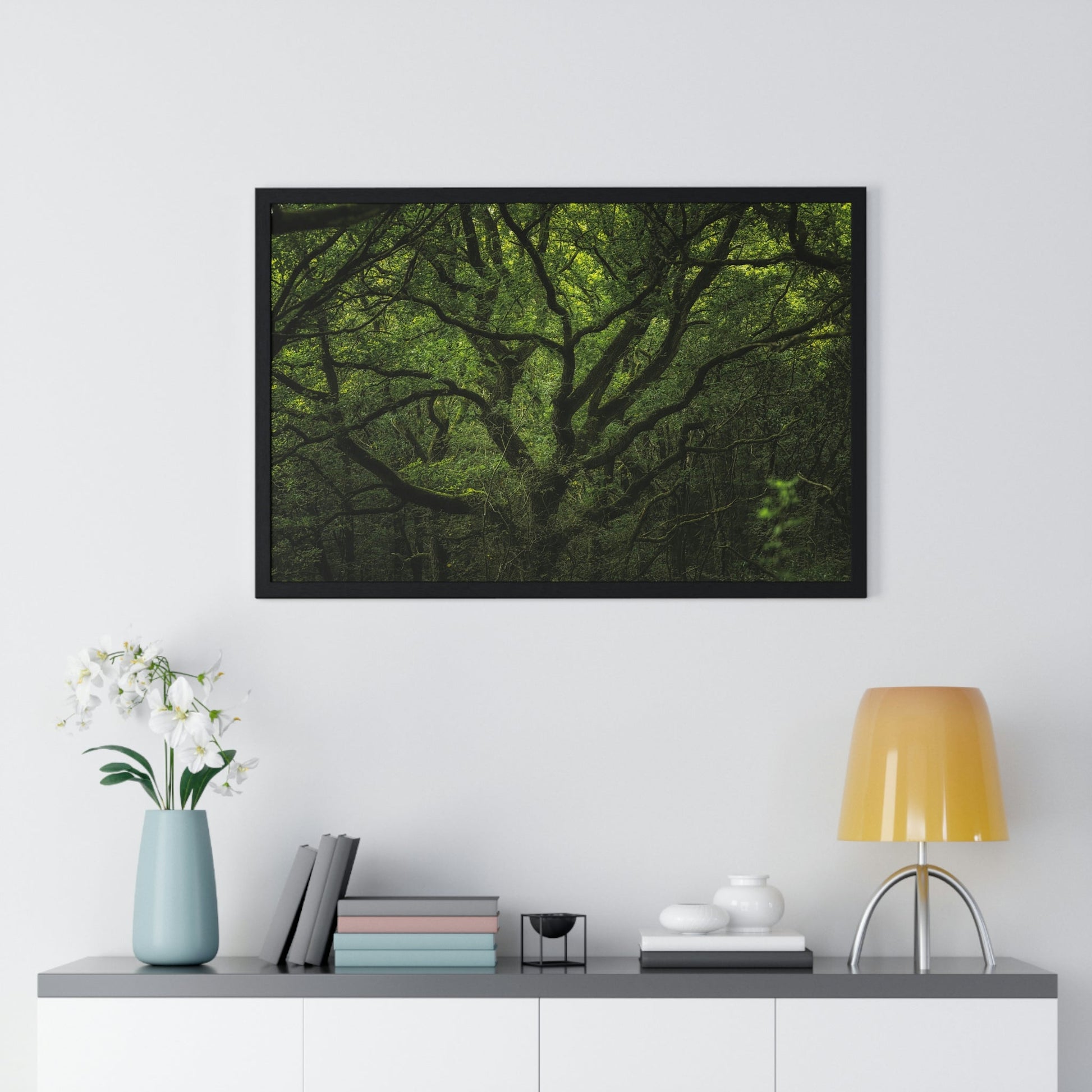 Premium Framed Horizontal Poster - Consall Valley. Vibrant green moody, ethereal UK forest woodland trees, and foliage - UK EUROPE - Green Forest Home