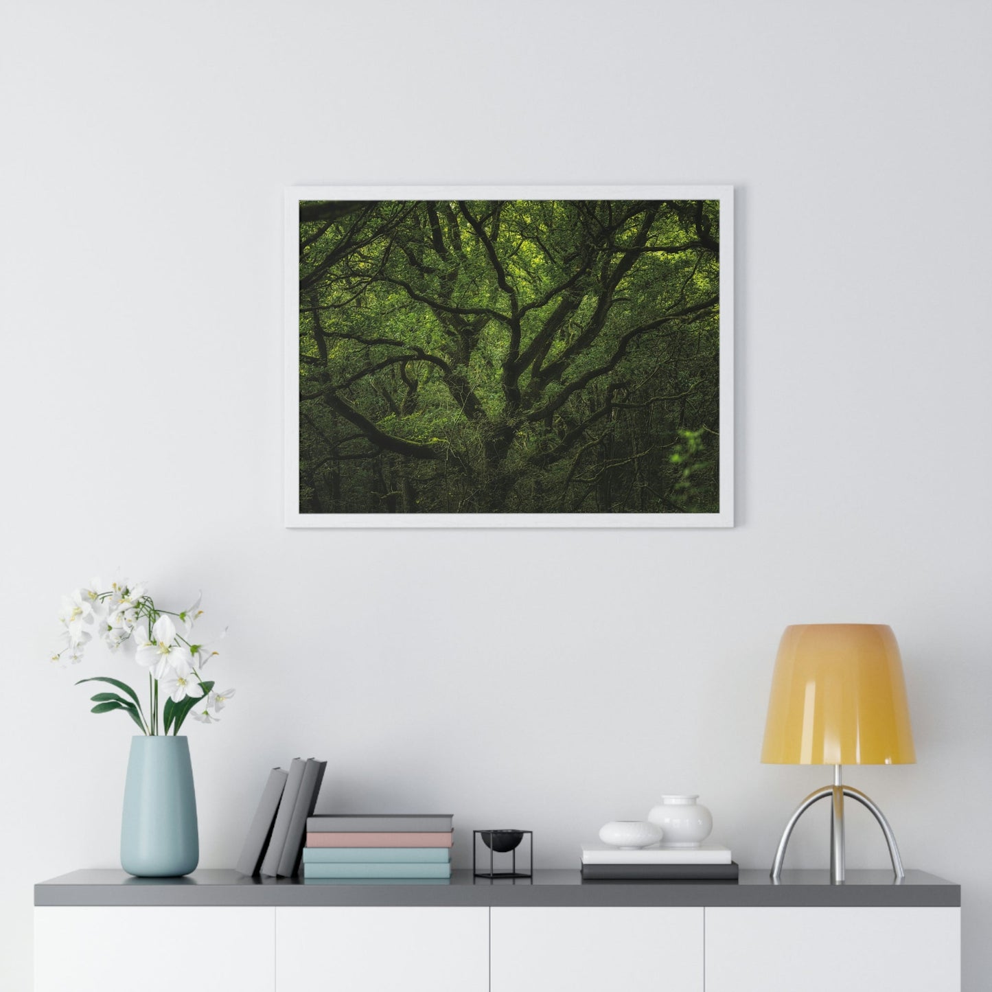 Premium Framed Horizontal Poster - Consall Valley. Vibrant green moody, ethereal UK forest woodland trees, and foliage - UK EUROPE - Green Forest Home