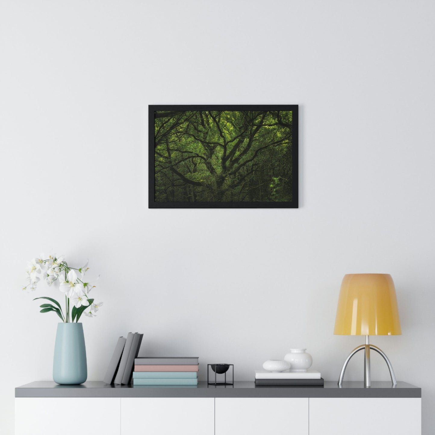 Premium Framed Horizontal Poster - Consall Valley. Vibrant green moody, ethereal UK forest woodland trees, and foliage - UK EUROPE - Green Forest Home