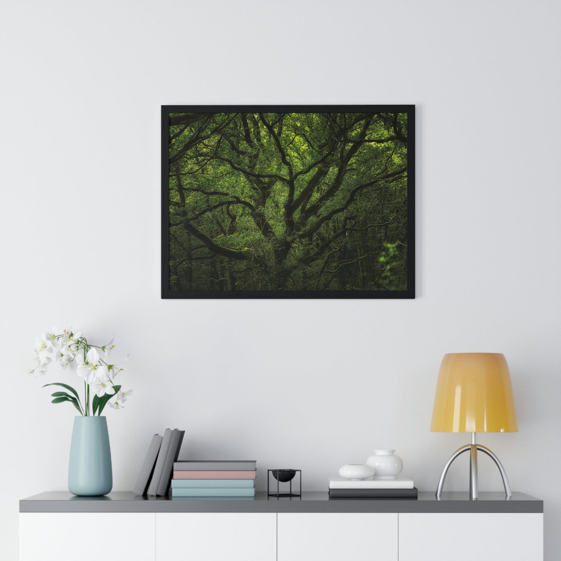 Premium Framed Horizontal Poster - Consall Valley. Vibrant green moody, ethereal UK forest woodland trees, and foliage - UK EUROPE - Green Forest Home