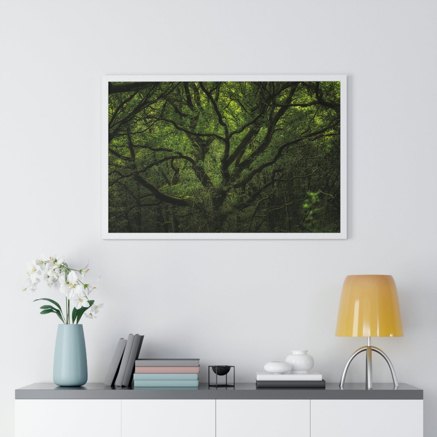 Premium Framed Horizontal Poster - Consall Valley. Vibrant green moody, ethereal UK forest woodland trees, and foliage - UK EUROPE - Green Forest Home