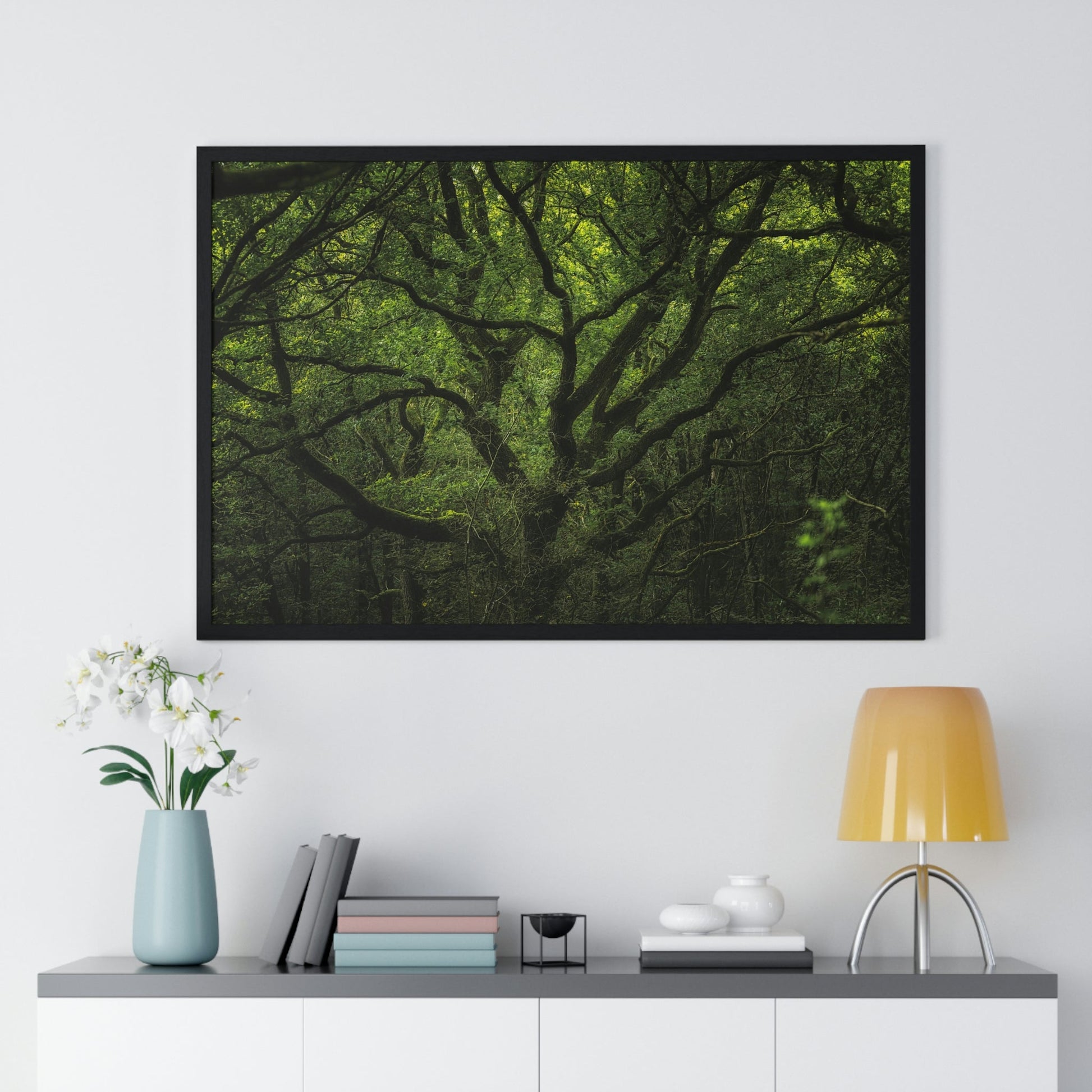 Premium Framed Horizontal Poster - Consall Valley. Vibrant green moody, ethereal UK forest woodland trees, and foliage - UK EUROPE - Green Forest Home