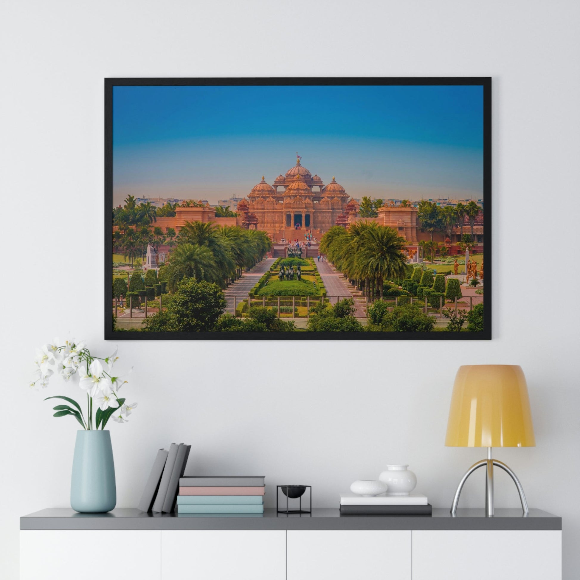 Premium Framed Horizontal Poster - Printed in LATVIA - Akshardham Temple in New Delhi, INDIA - Green Forest Home