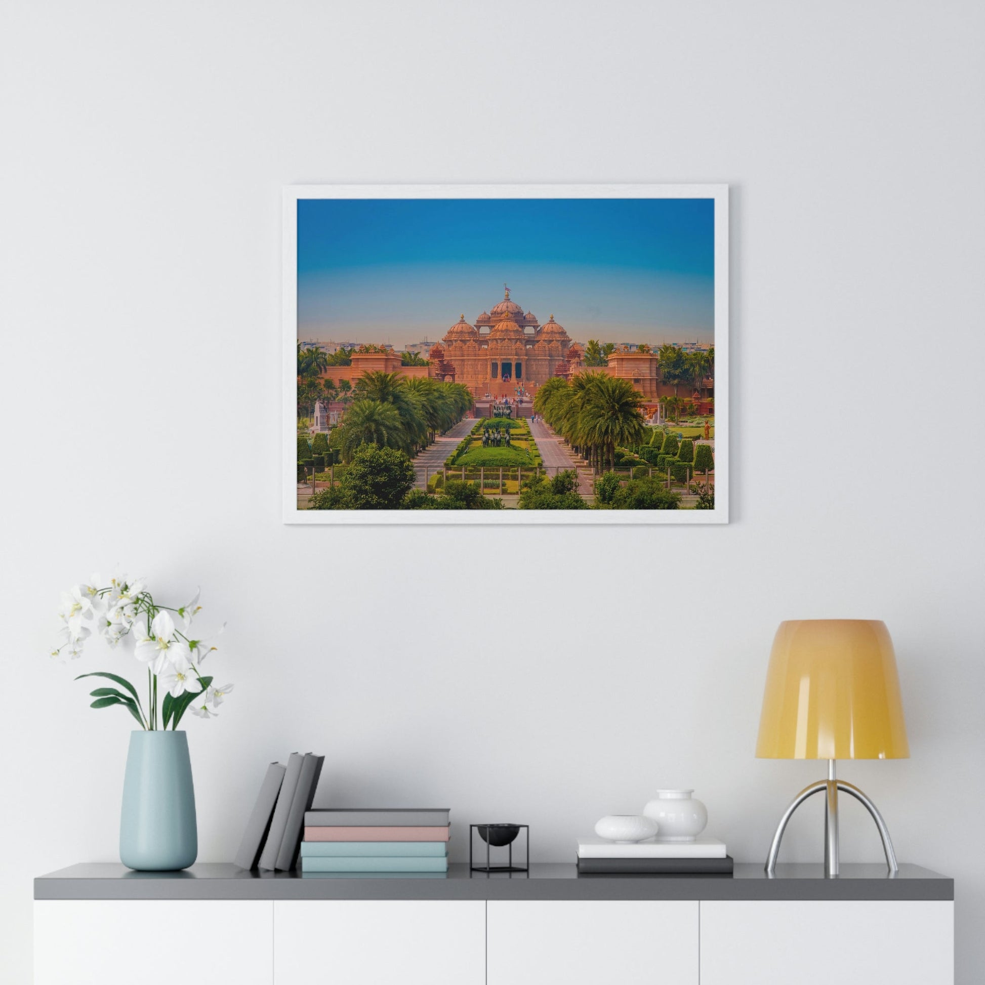 Premium Framed Horizontal Poster - Printed in LATVIA - Akshardham Temple in New Delhi, INDIA - Green Forest Home