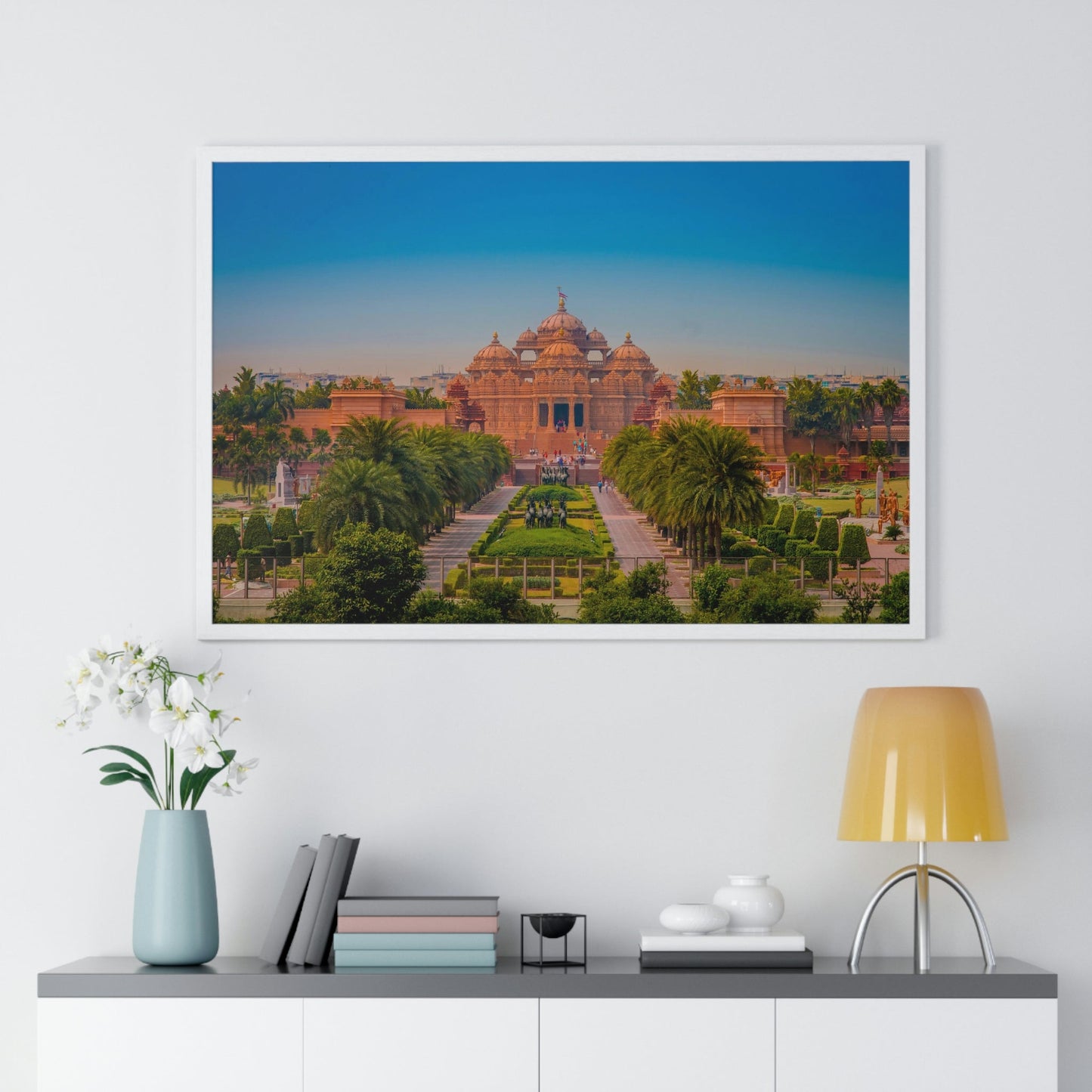 Premium Framed Horizontal Poster - Printed in LATVIA - Akshardham Temple in New Delhi, INDIA - Green Forest Home