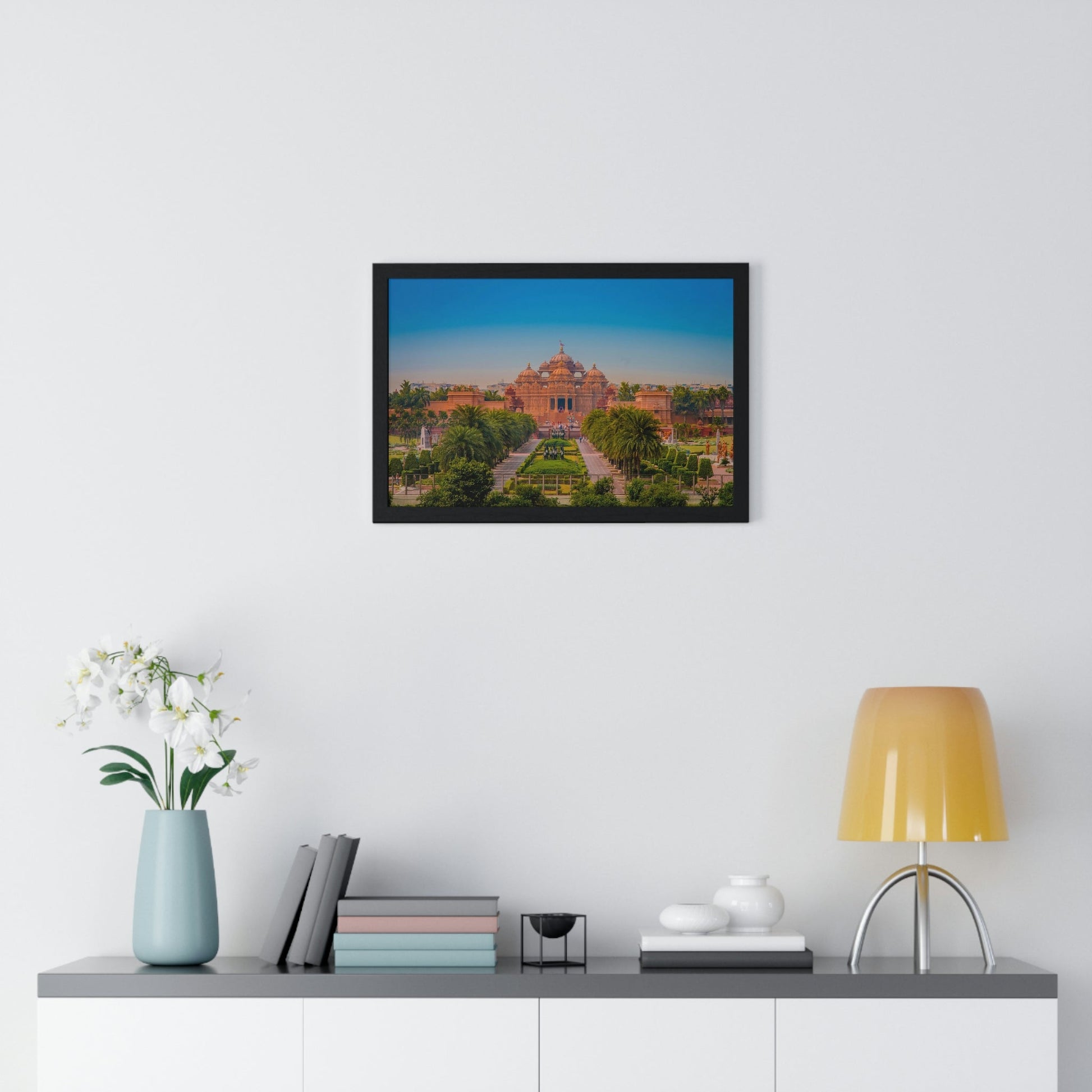 Premium Framed Horizontal Poster - Printed in LATVIA - Akshardham Temple in New Delhi, INDIA - Green Forest Home