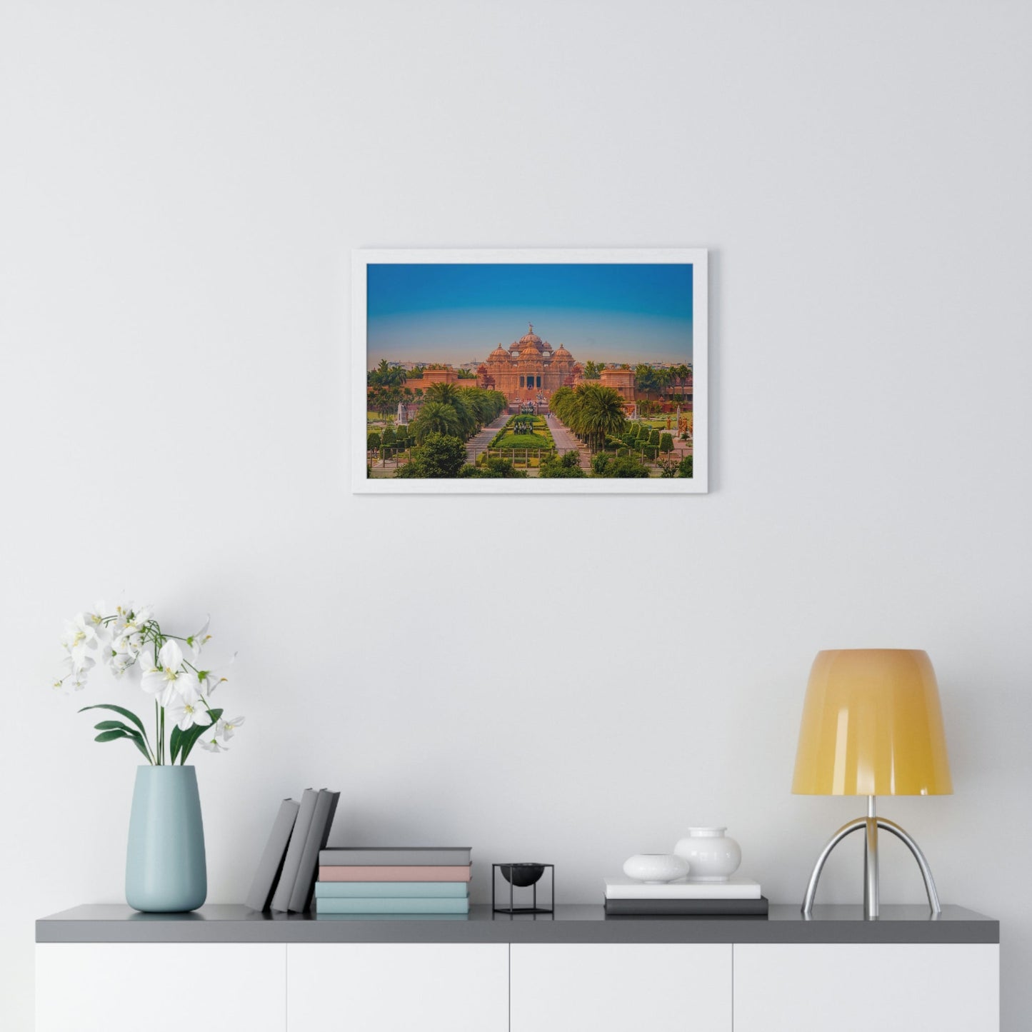 Premium Framed Horizontal Poster - Printed in LATVIA - Akshardham Temple in New Delhi, INDIA - Green Forest Home