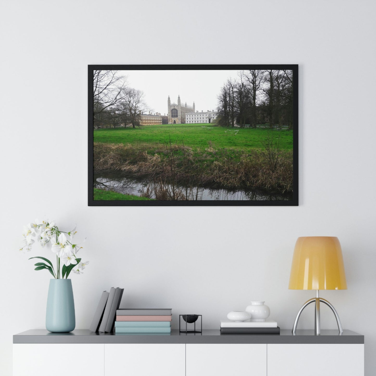 Premium Framed Horizontal Poster - Printed in LATVIA - Cam river with King`s College in Cambridge University - UK - ENGLAND - EUROPE - Green Forest Home