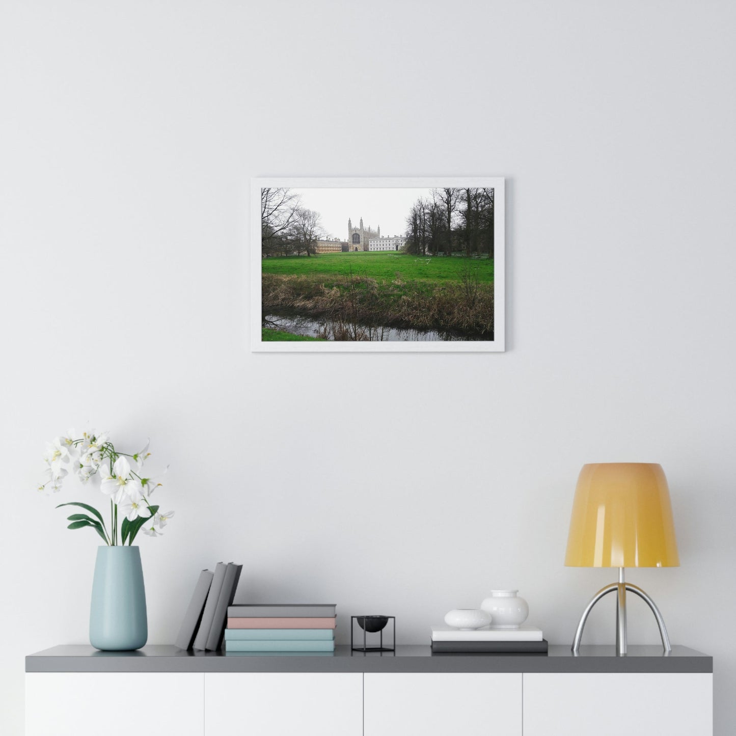 Premium Framed Horizontal Poster - Printed in LATVIA - Cam river with King`s College in Cambridge University - UK - ENGLAND - EUROPE - Green Forest Home