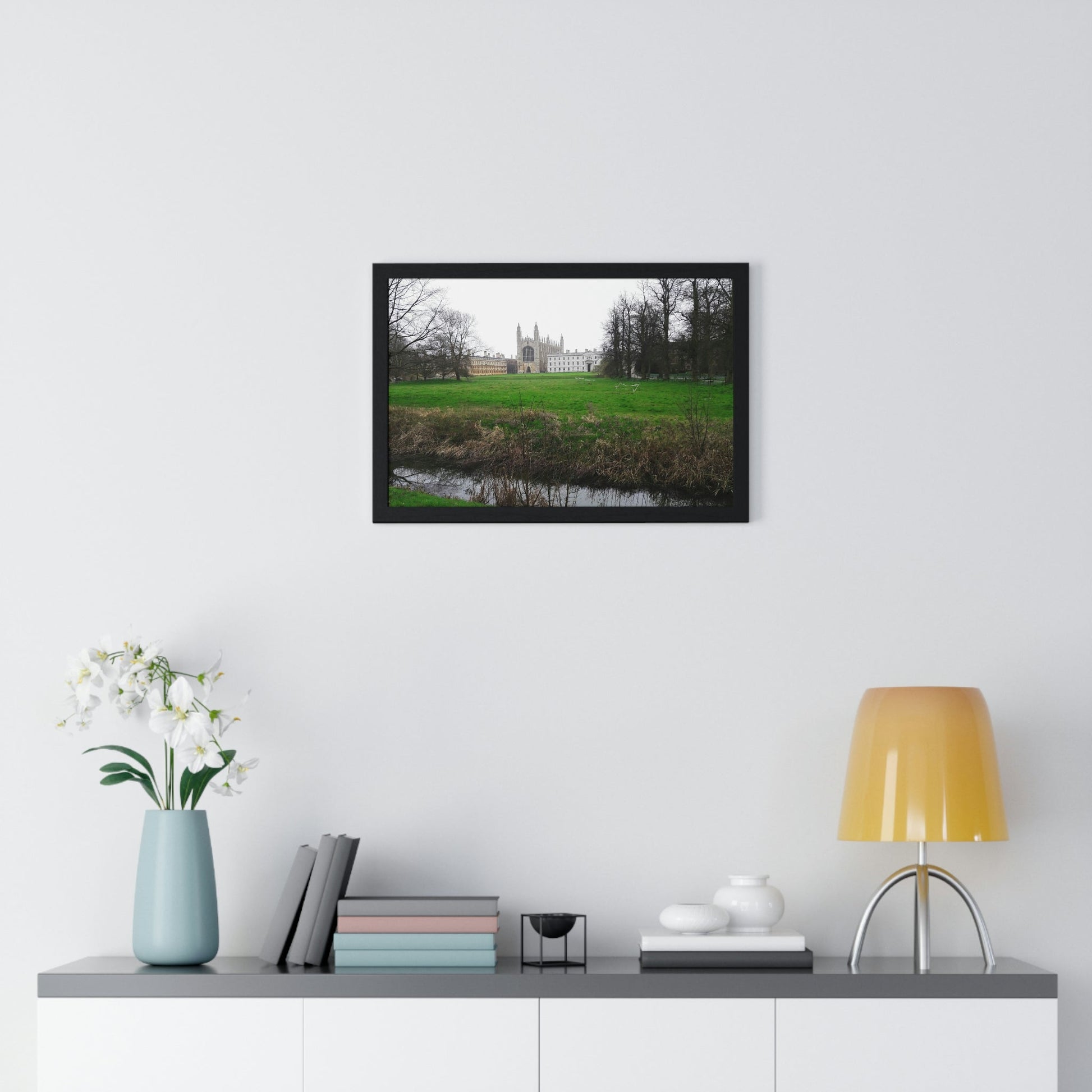 Premium Framed Horizontal Poster - Printed in LATVIA - Cam river with King`s College in Cambridge University - UK - ENGLAND - EUROPE - Green Forest Home