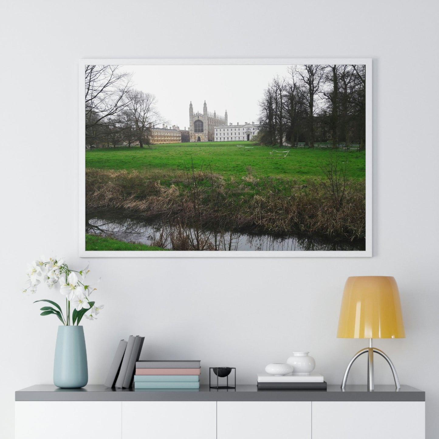 Premium Framed Horizontal Poster - Printed in LATVIA - Cam river with King`s College in Cambridge University - UK - ENGLAND - EUROPE - Green Forest Home