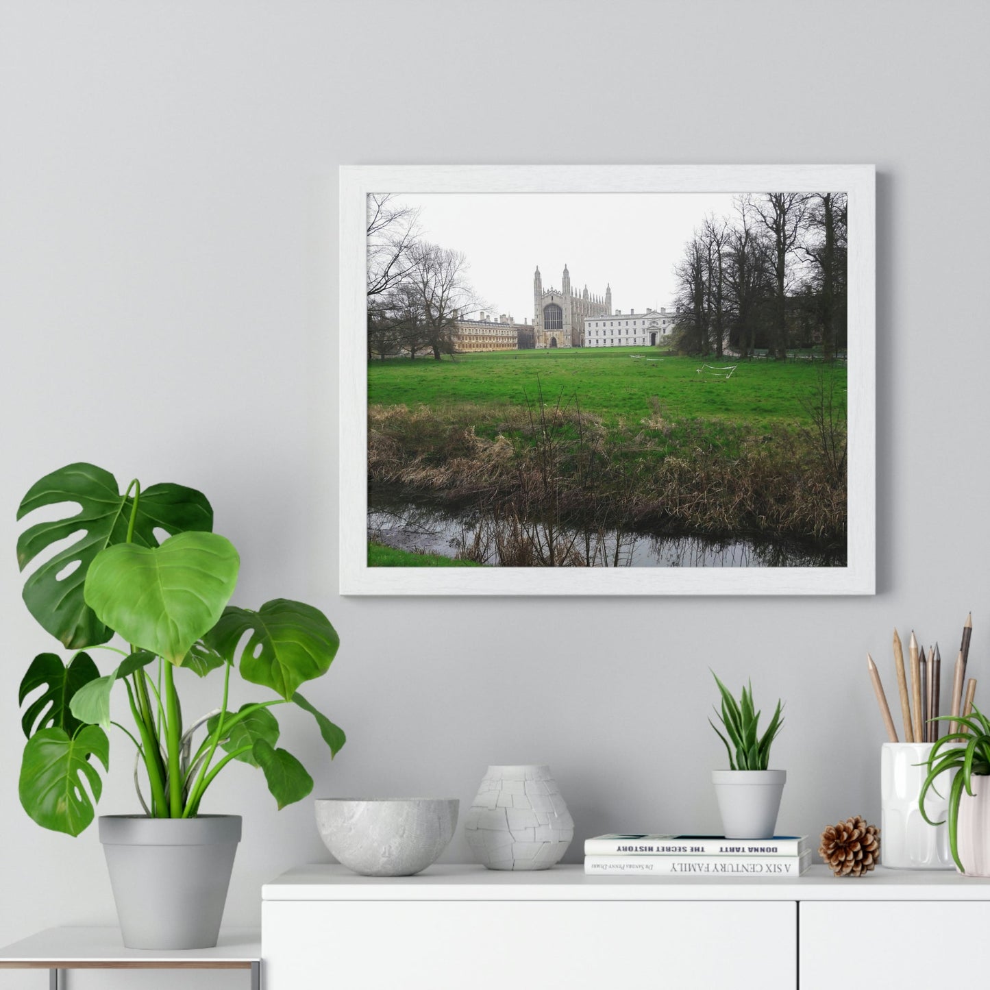 Premium Framed Horizontal Poster - Printed in LATVIA - Cam river with King`s College in Cambridge University - UK - ENGLAND - EUROPE - Green Forest Home