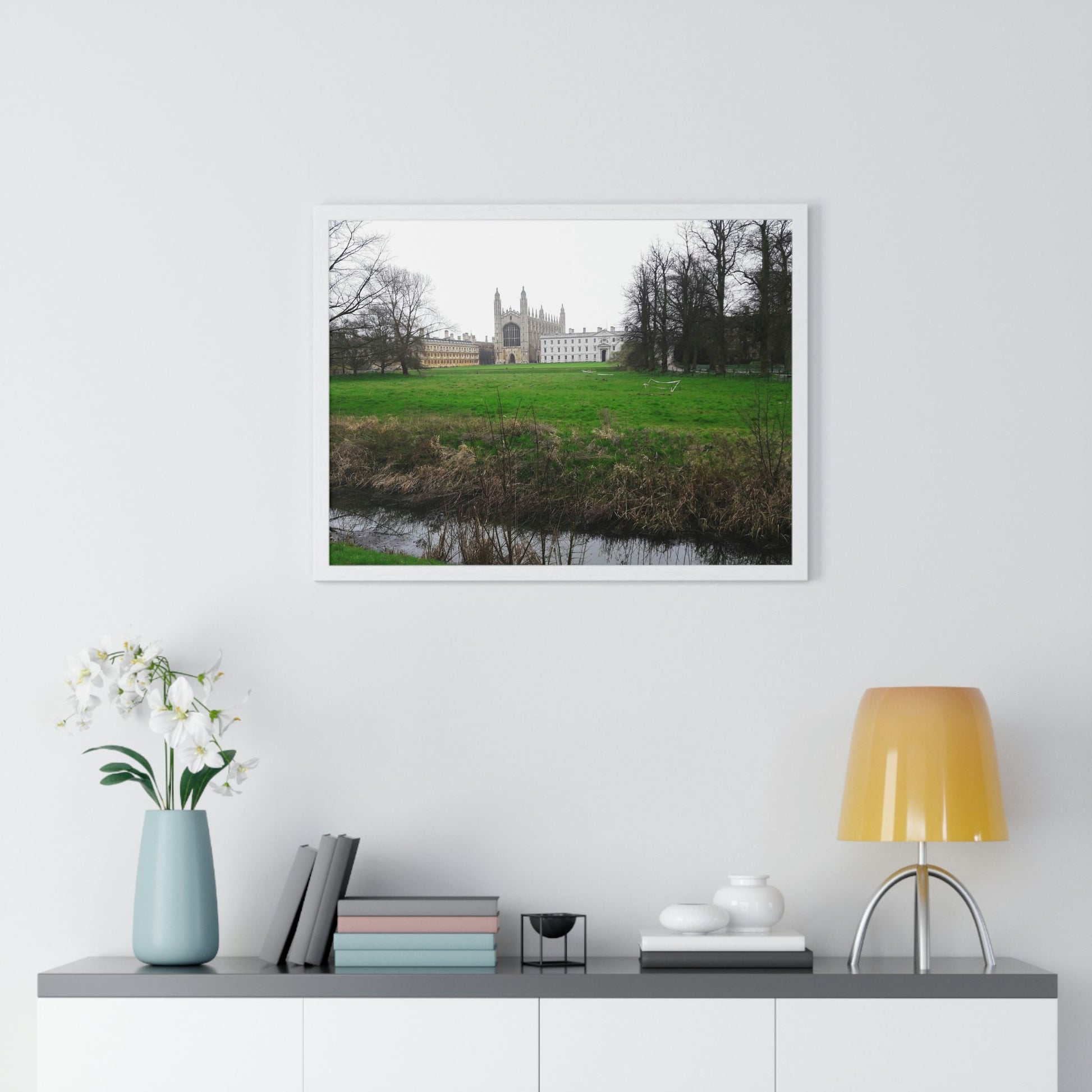 Premium Framed Horizontal Poster - Printed in LATVIA - Cam river with King`s College in Cambridge University - UK - ENGLAND - EUROPE - Green Forest Home