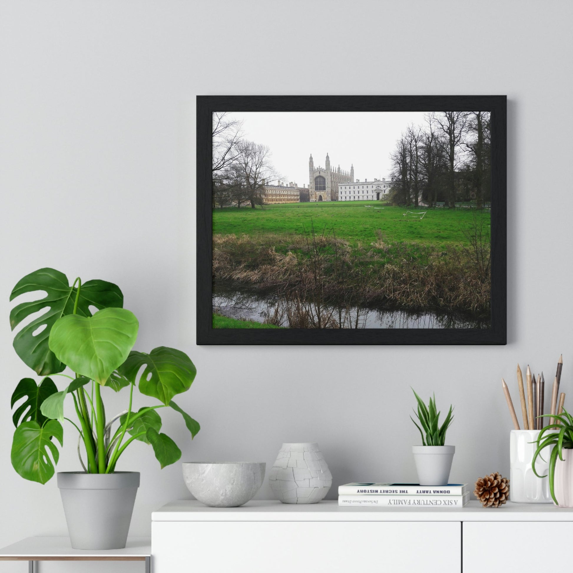 Premium Framed Horizontal Poster - Printed in LATVIA - Cam river with King`s College in Cambridge University - UK - ENGLAND - EUROPE - Green Forest Home