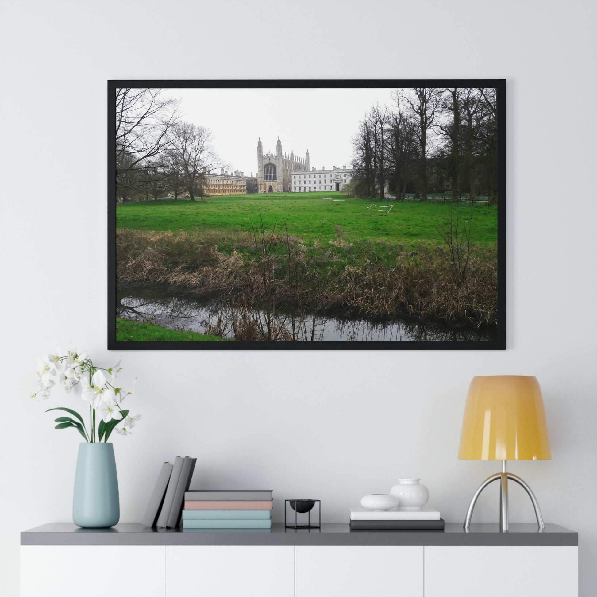 Premium Framed Horizontal Poster - Printed in LATVIA - Cam river with King`s College in Cambridge University - UK - ENGLAND - EUROPE - Green Forest Home