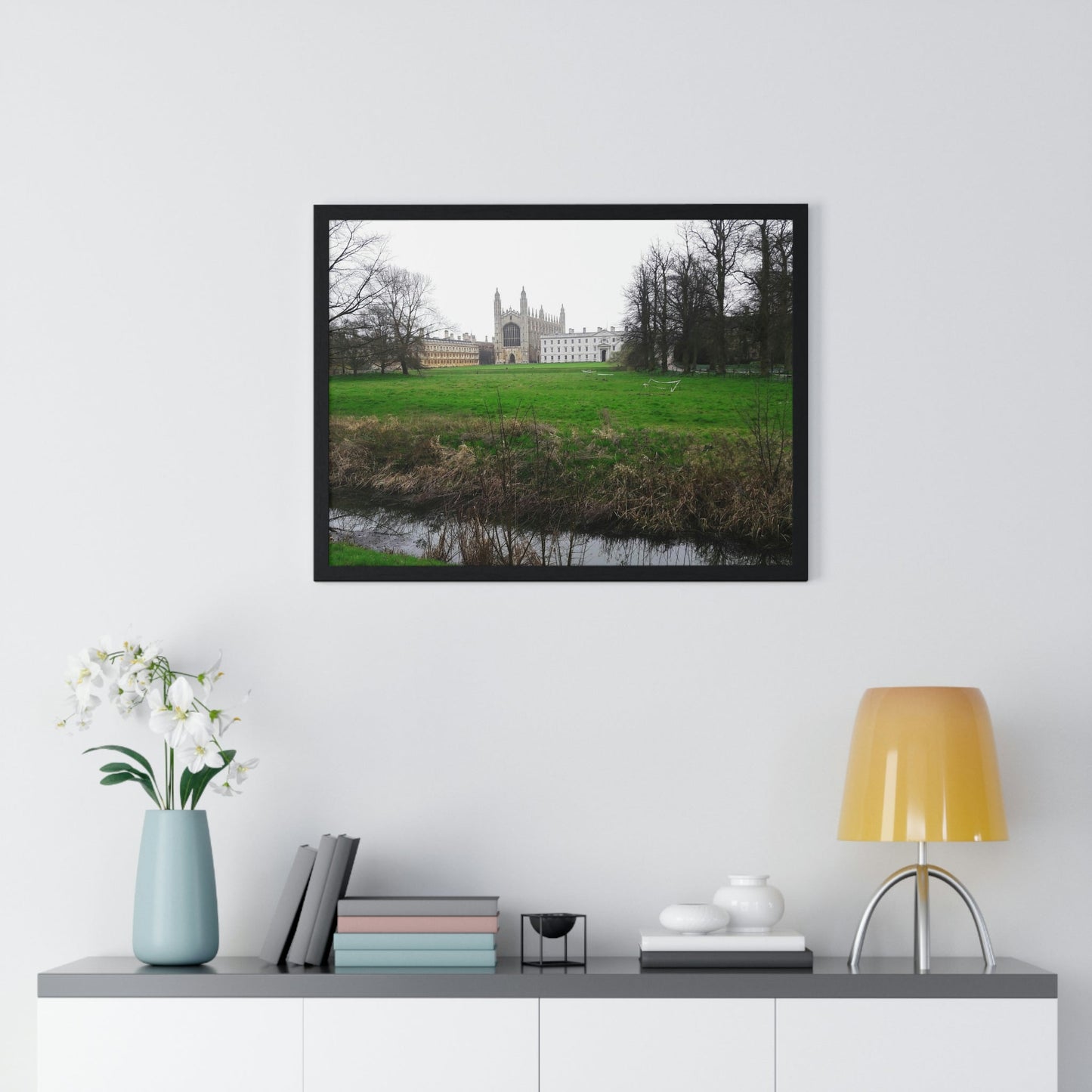 Premium Framed Horizontal Poster - Printed in LATVIA - Cam river with King`s College in Cambridge University - UK - ENGLAND - EUROPE - Green Forest Home