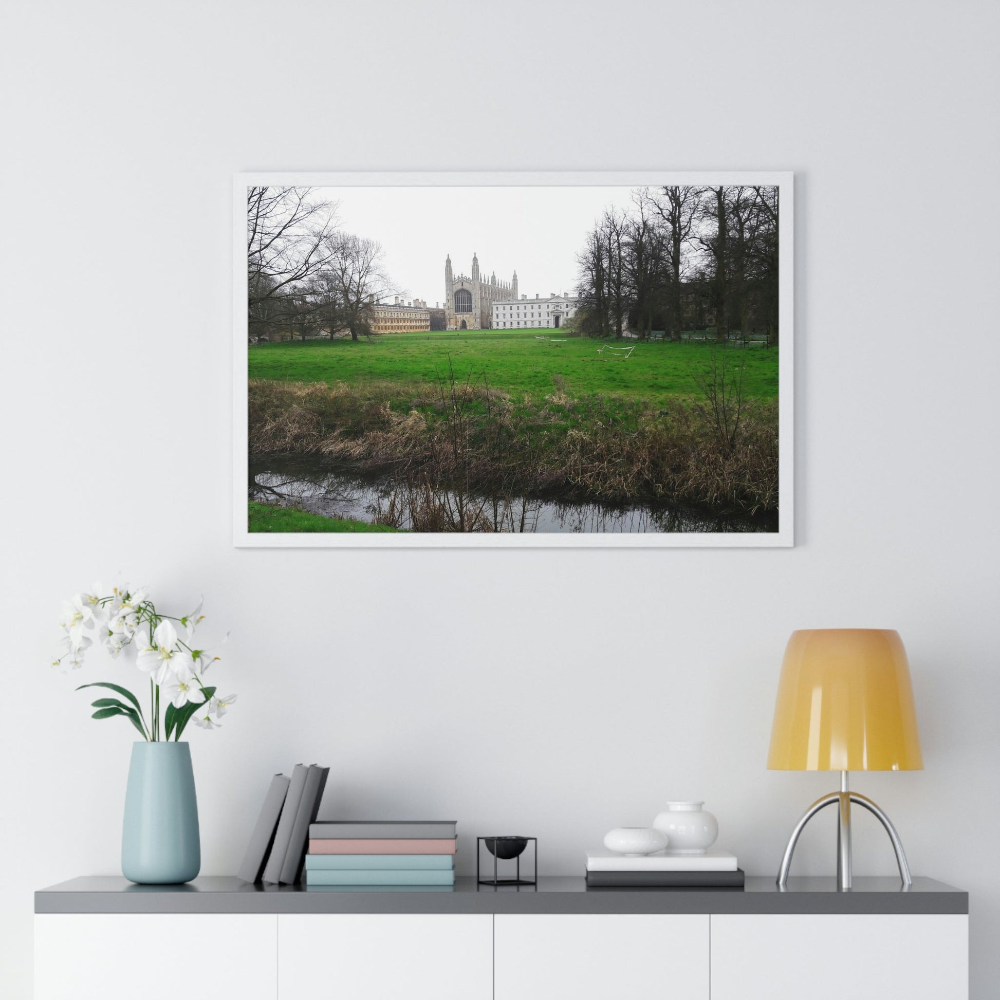 Premium Framed Horizontal Poster - Printed in LATVIA - Cam river with King`s College in Cambridge University - UK - ENGLAND - EUROPE - Green Forest Home