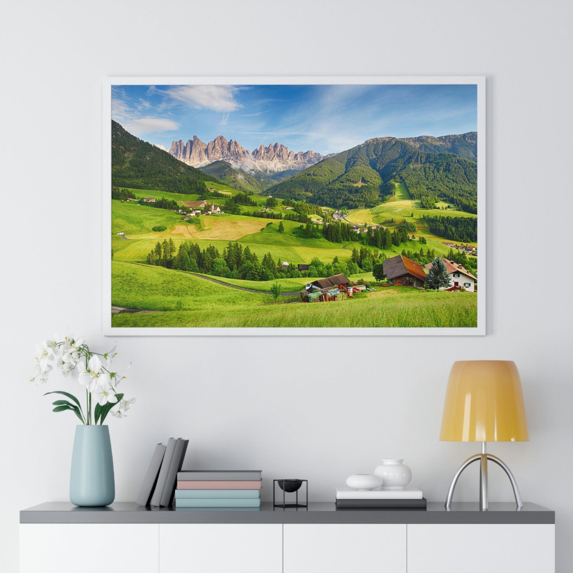 Premium Framed Horizontal Poster - Printed in LATVIA - Dolomites ALPS, Mountain - Val di Funes - a Home of Beauty! - EUROPE - Green Forest Home