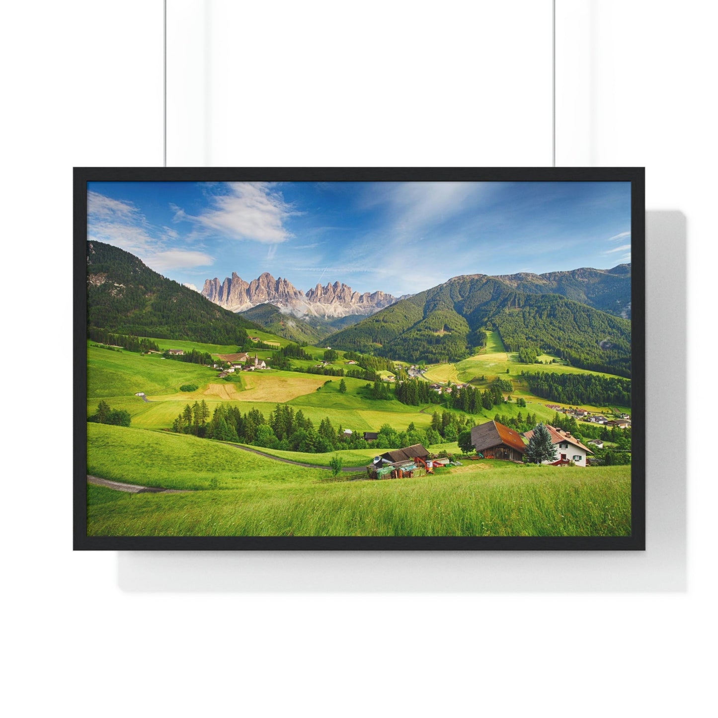 Premium Framed Horizontal Poster - Printed in LATVIA - Dolomites ALPS, Mountain - Val di Funes - a Home of Beauty! - EUROPE - Green Forest Home