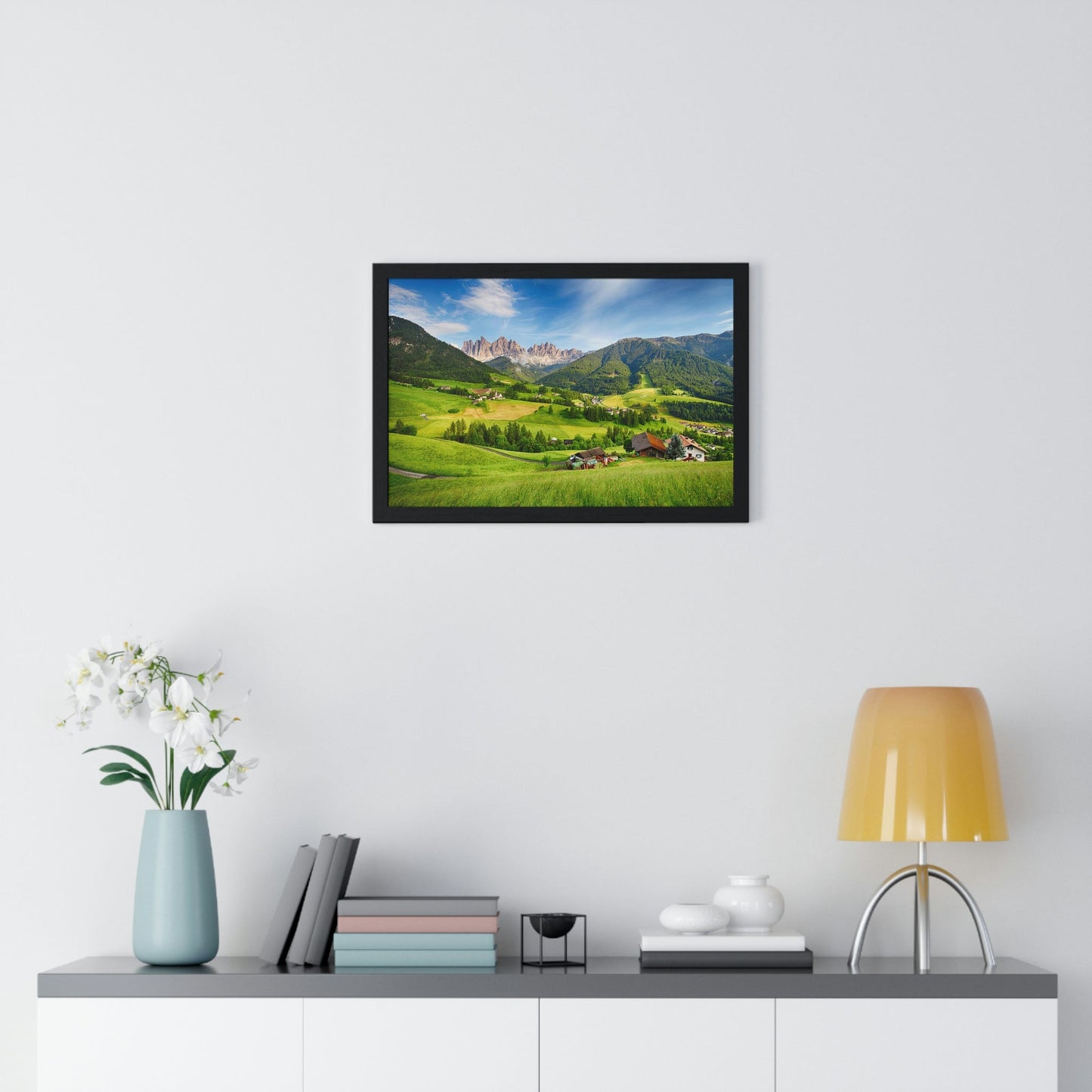 Premium Framed Horizontal Poster - Printed in LATVIA - Dolomites ALPS, Mountain - Val di Funes - a Home of Beauty! - EUROPE - Green Forest Home