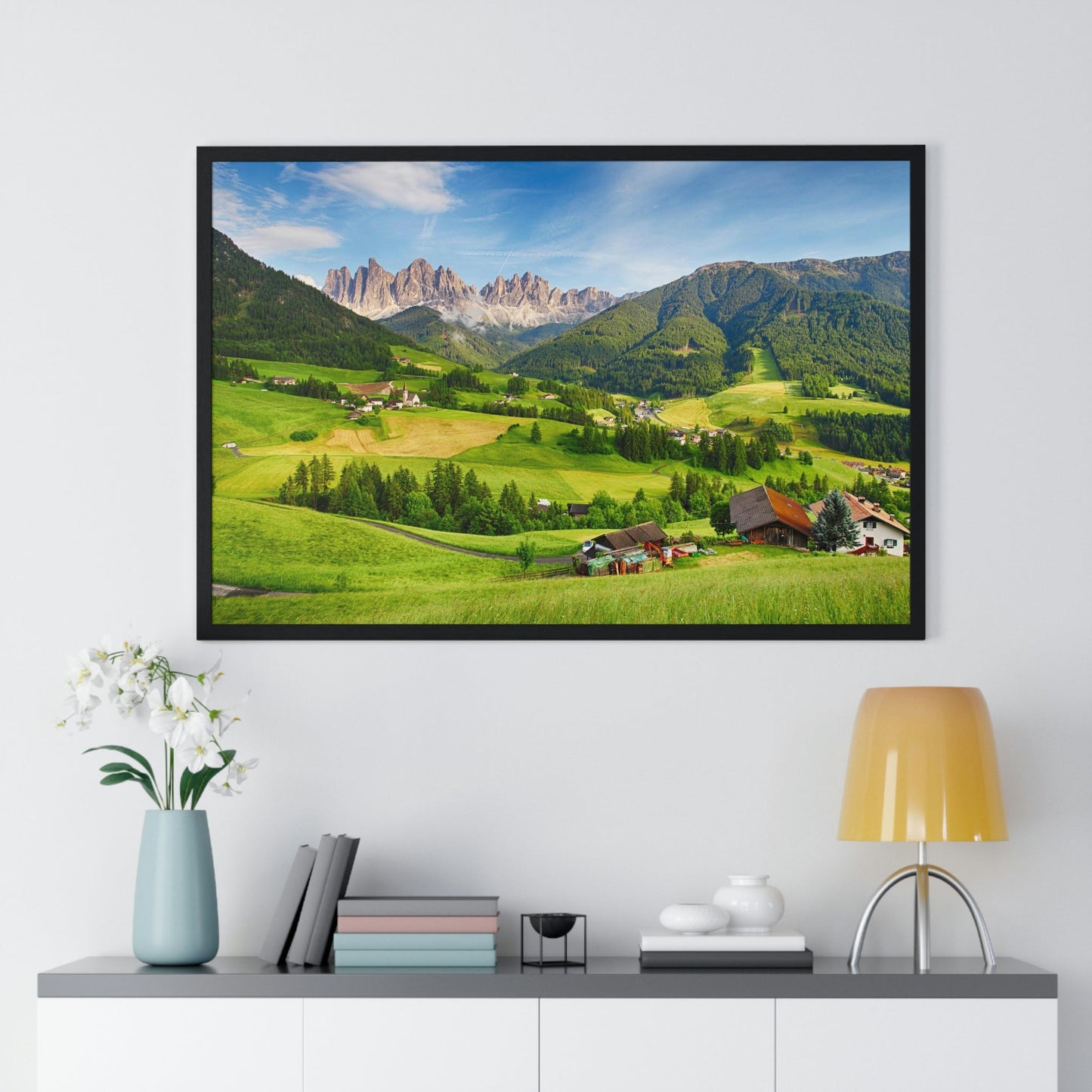 Premium Framed Horizontal Poster - Printed in LATVIA - Dolomites ALPS, Mountain - Val di Funes - a Home of Beauty! - EUROPE - Green Forest Home