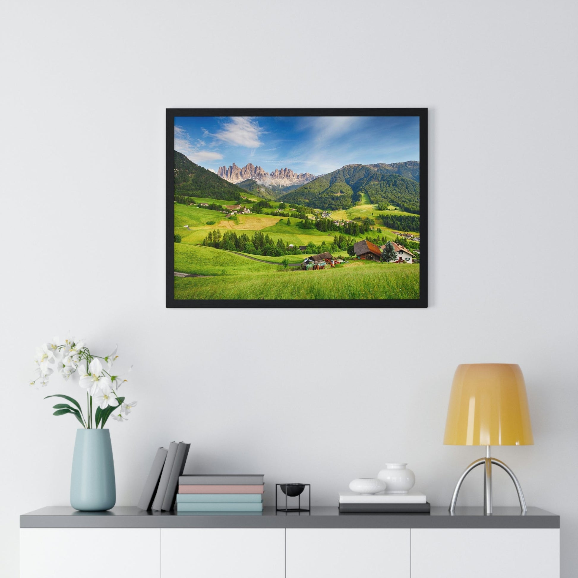 Premium Framed Horizontal Poster - Printed in LATVIA - Dolomites ALPS, Mountain - Val di Funes - a Home of Beauty! - EUROPE - Green Forest Home