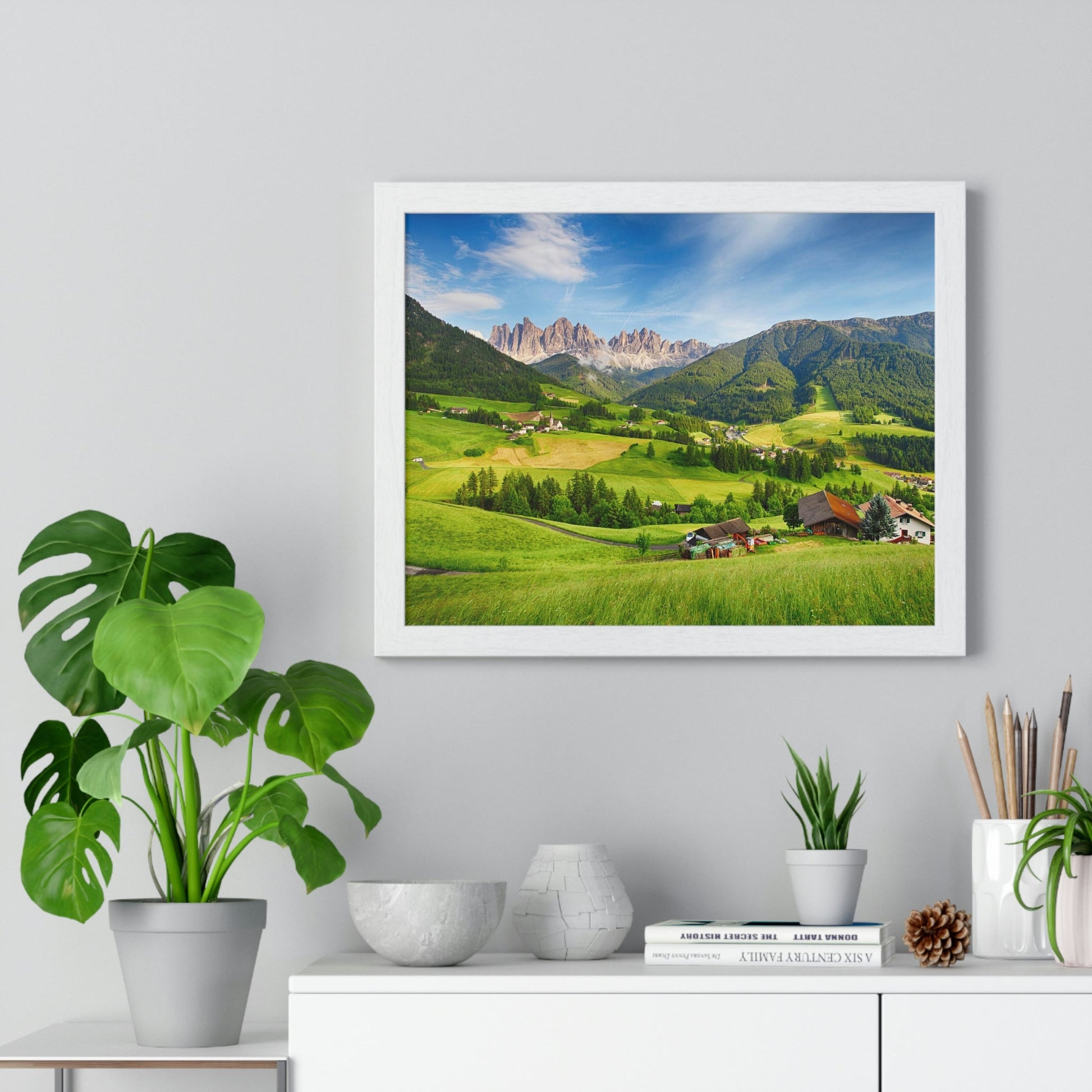 Premium Framed Horizontal Poster - Printed in LATVIA - Dolomites ALPS, Mountain - Val di Funes - a Home of Beauty! - EUROPE - Green Forest Home