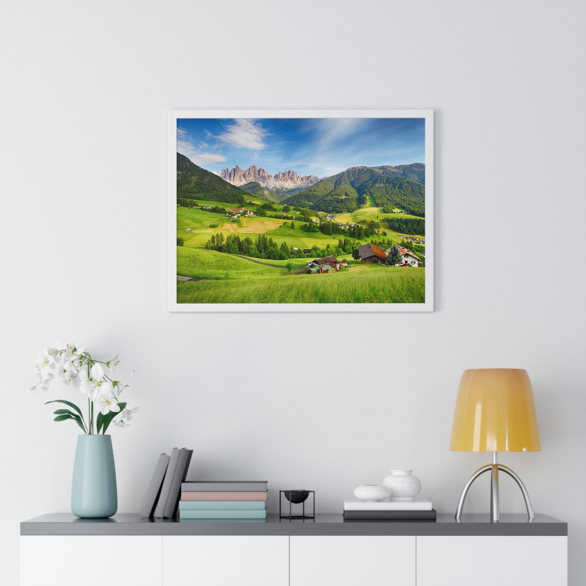 Premium Framed Horizontal Poster - Printed in LATVIA - Dolomites ALPS, Mountain - Val di Funes - a Home of Beauty! - EUROPE - Green Forest Home