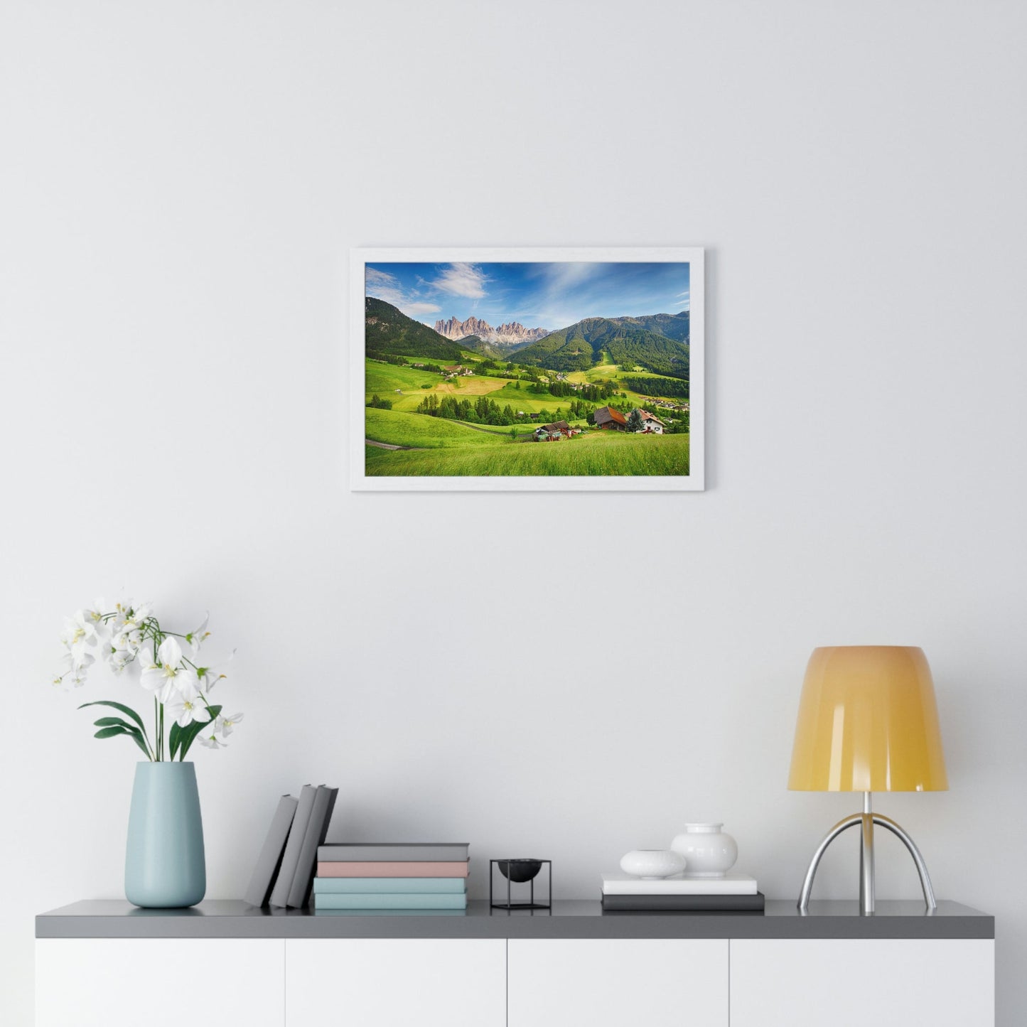 Premium Framed Horizontal Poster - Printed in LATVIA - Dolomites ALPS, Mountain - Val di Funes - a Home of Beauty! - EUROPE - Green Forest Home