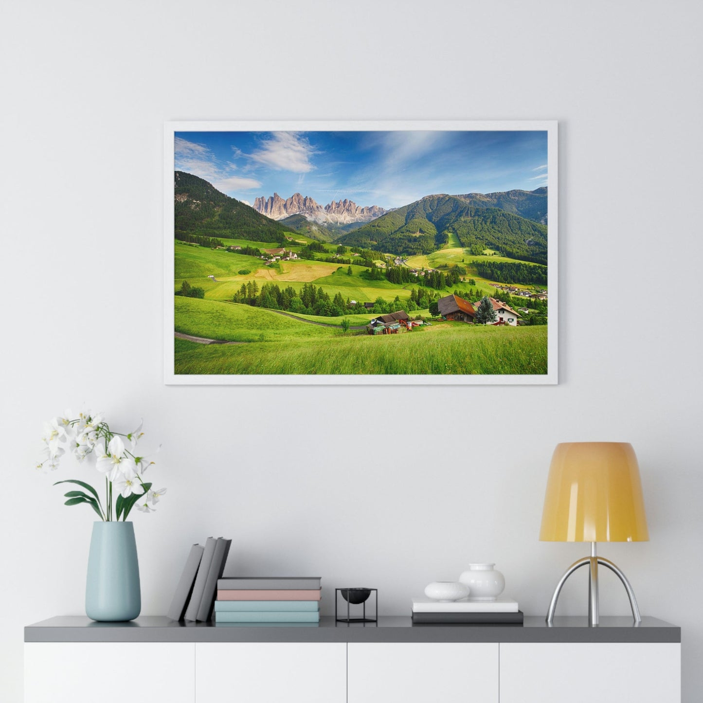 Premium Framed Horizontal Poster - Printed in LATVIA - Dolomites ALPS, Mountain - Val di Funes - a Home of Beauty! - EUROPE - Green Forest Home