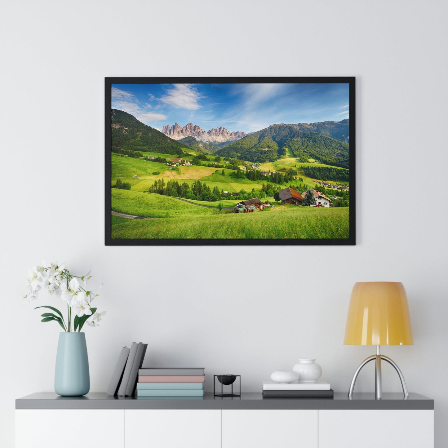 Premium Framed Horizontal Poster - Printed in LATVIA - Dolomites ALPS, Mountain - Val di Funes - a Home of Beauty! - EUROPE - Green Forest Home