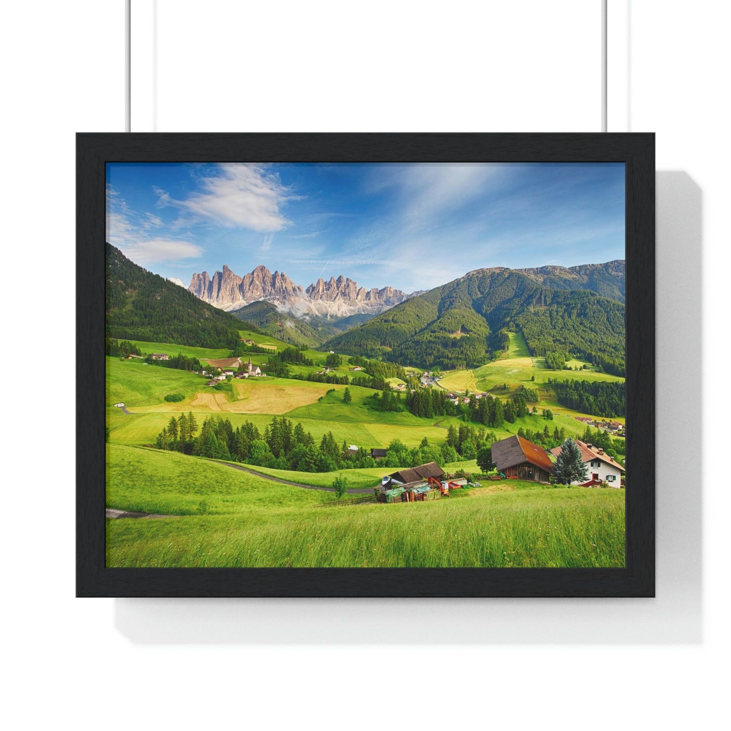 Premium Framed Horizontal Poster - Printed in LATVIA - Dolomites ALPS, Mountain - Val di Funes - a Home of Beauty! - EUROPE - Green Forest Home