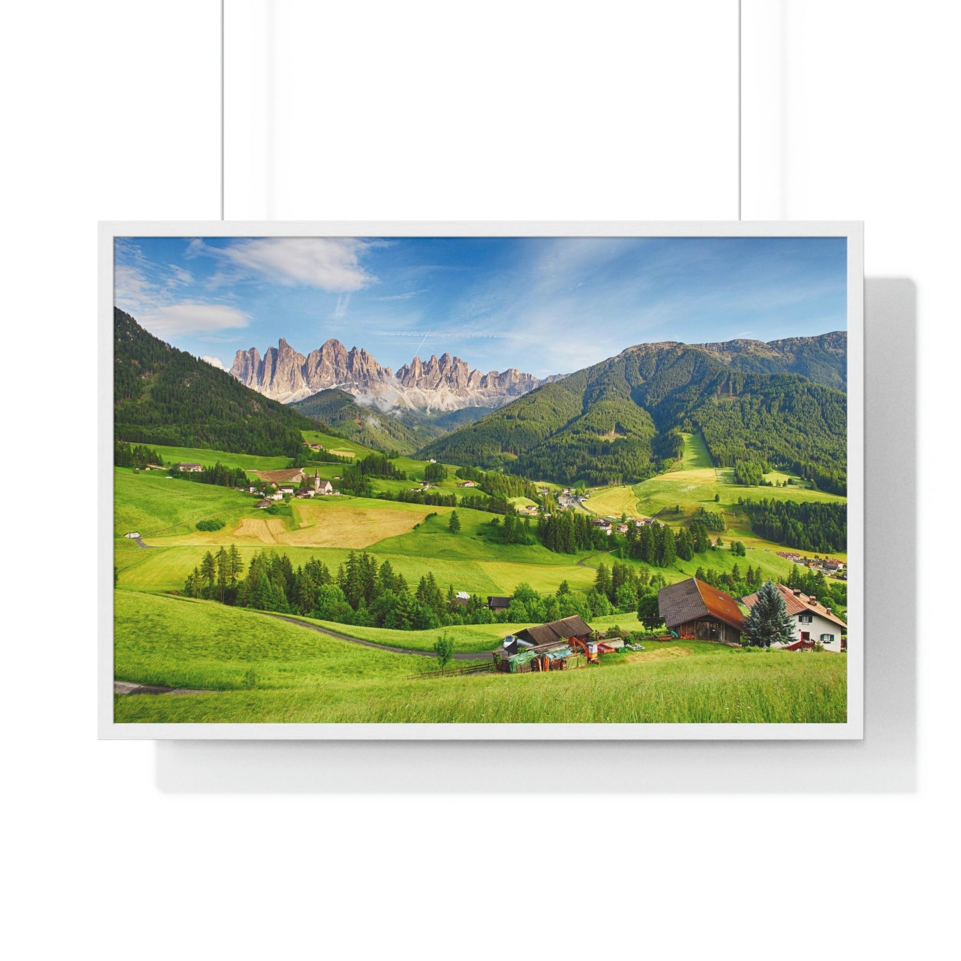 Premium Framed Horizontal Poster - Printed in LATVIA - Dolomites ALPS, Mountain - Val di Funes - a Home of Beauty! - EUROPE - Green Forest Home