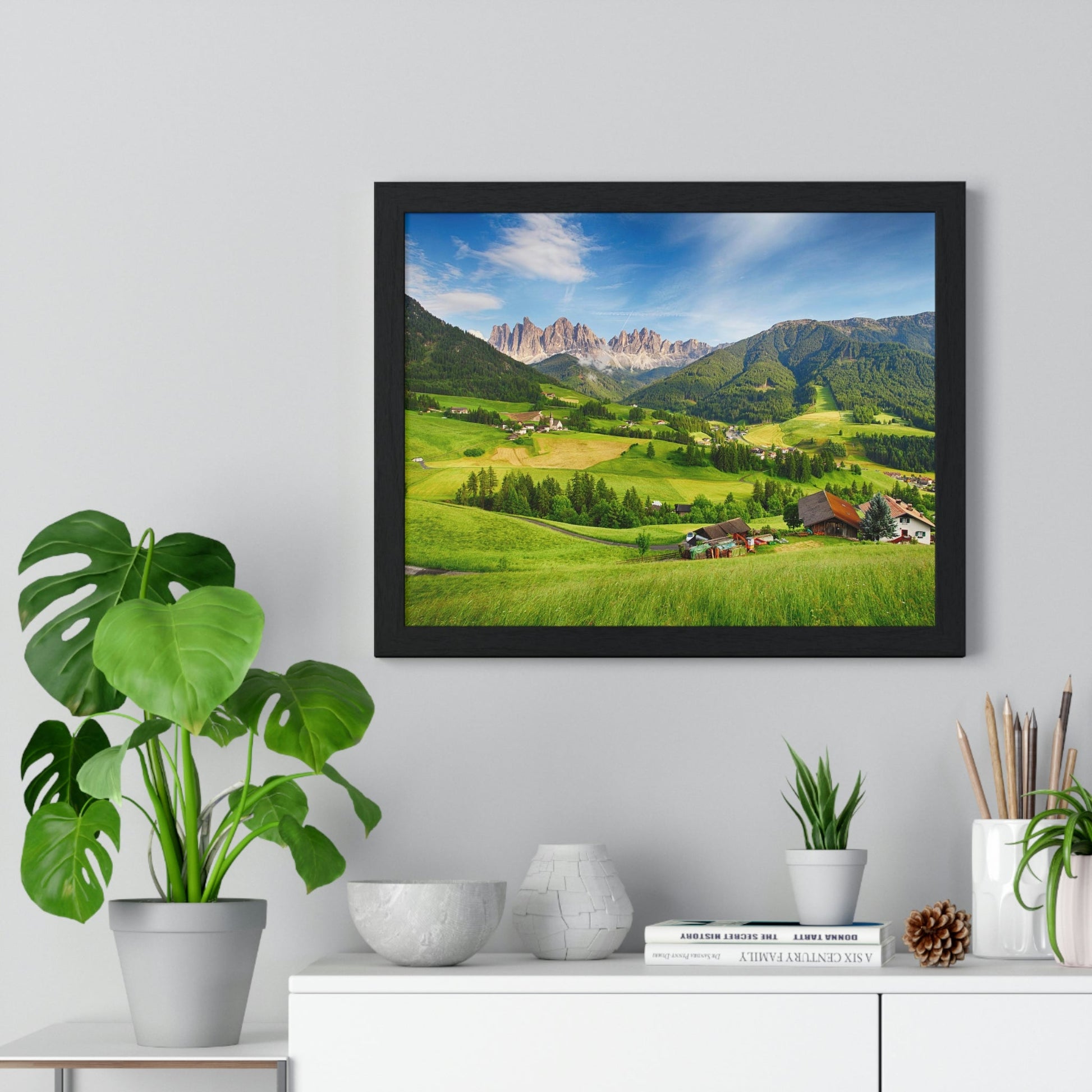 Premium Framed Horizontal Poster - Printed in LATVIA - Dolomites ALPS, Mountain - Val di Funes - a Home of Beauty! - EUROPE - Green Forest Home