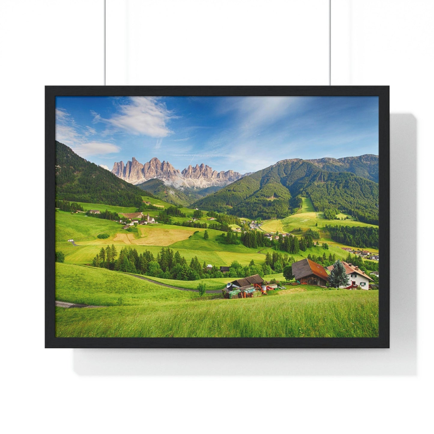 Premium Framed Horizontal Poster - Printed in LATVIA - Dolomites ALPS, Mountain - Val di Funes - a Home of Beauty! - EUROPE - Green Forest Home