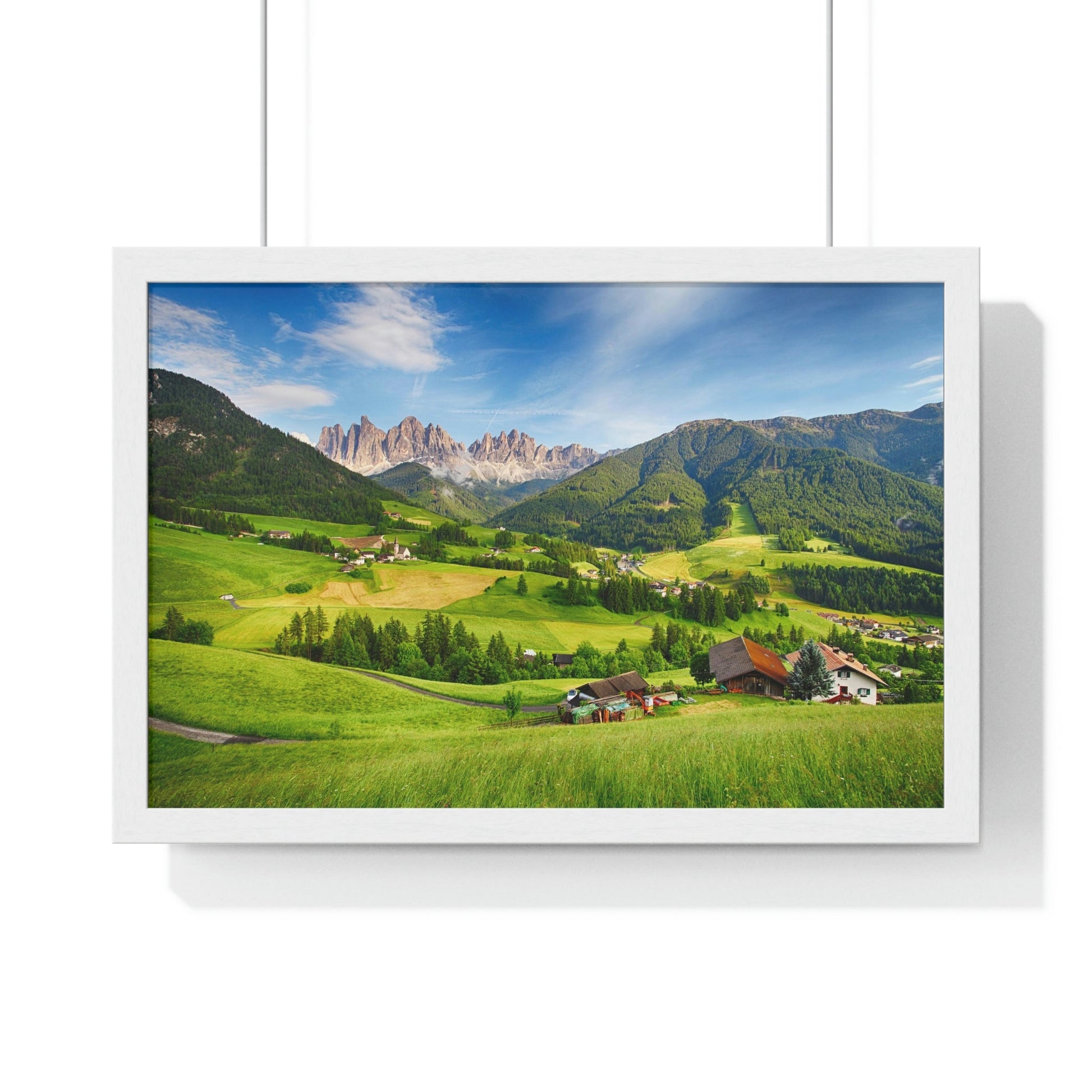 Premium Framed Horizontal Poster - Printed in LATVIA - Dolomites ALPS, Mountain - Val di Funes - a Home of Beauty! - EUROPE - Green Forest Home