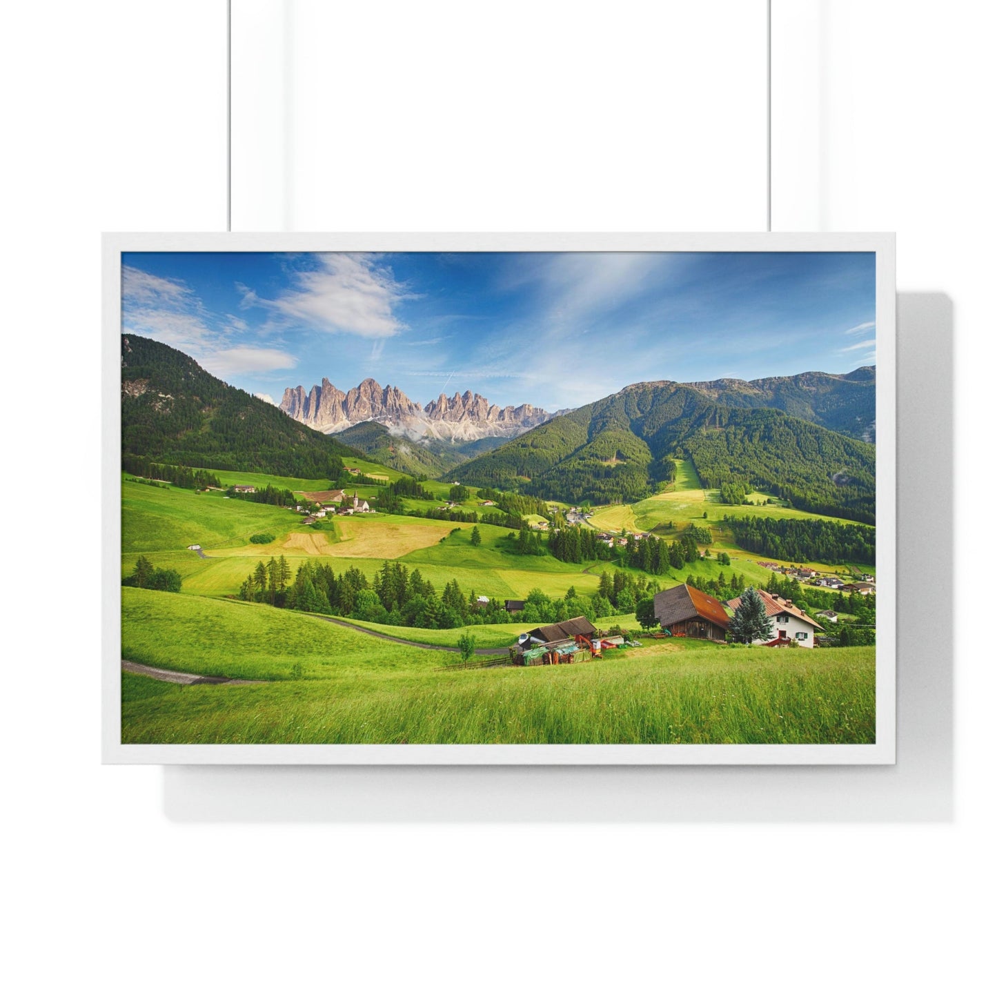 Premium Framed Horizontal Poster - Printed in LATVIA - Dolomites ALPS, Mountain - Val di Funes - a Home of Beauty! - EUROPE - Green Forest Home