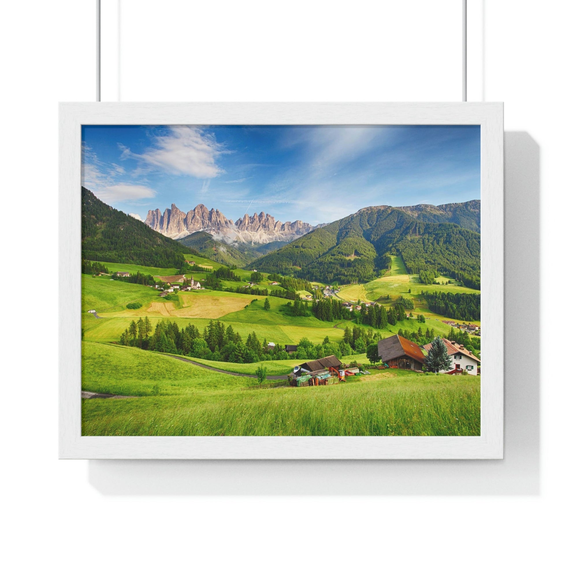 Premium Framed Horizontal Poster - Printed in LATVIA - Dolomites ALPS, Mountain - Val di Funes - a Home of Beauty! - EUROPE - Green Forest Home