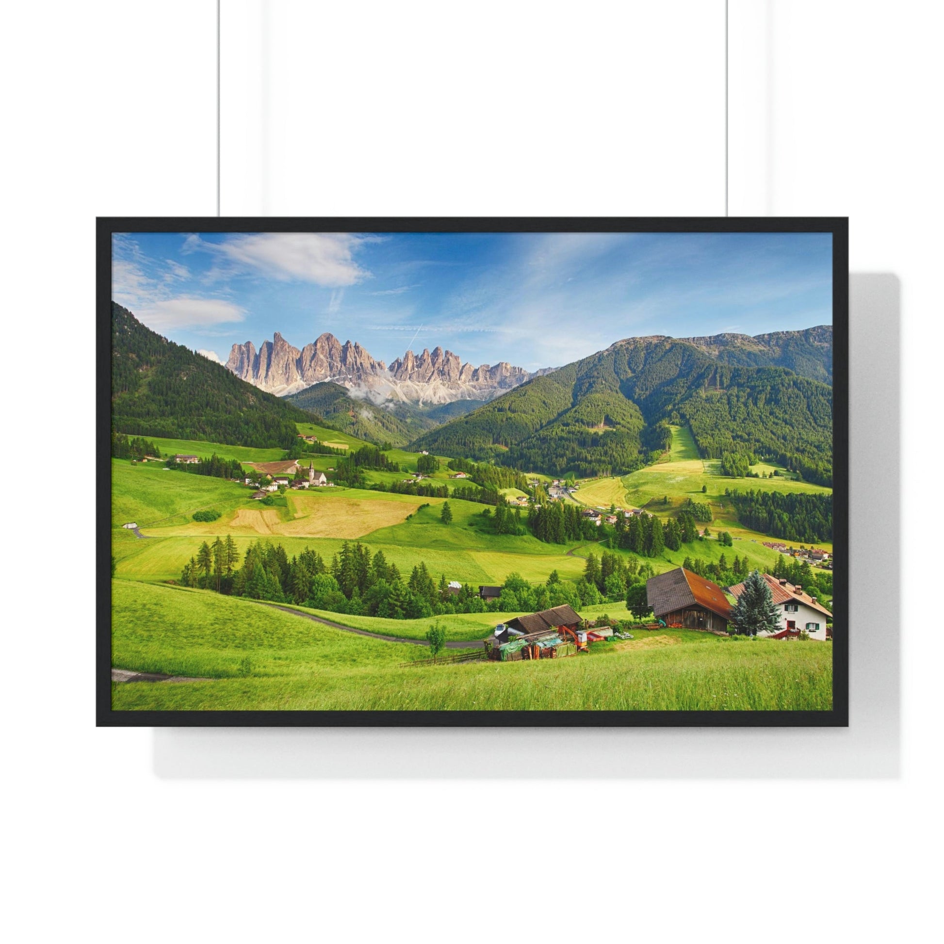 Premium Framed Horizontal Poster - Printed in LATVIA - Dolomites ALPS, Mountain - Val di Funes - a Home of Beauty! - EUROPE - Green Forest Home