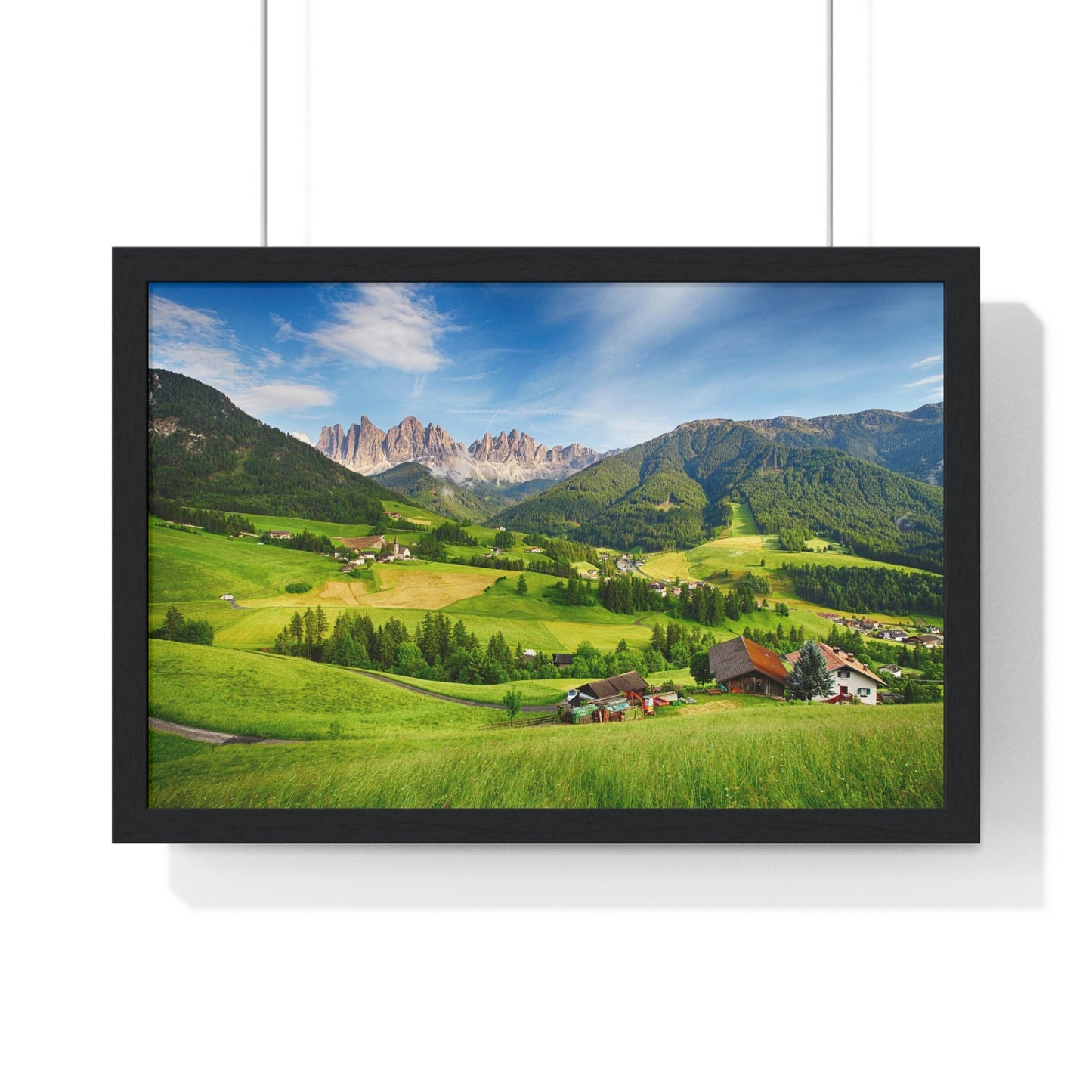 Premium Framed Horizontal Poster - Printed in LATVIA - Dolomites ALPS, Mountain - Val di Funes - a Home of Beauty! - EUROPE - Green Forest Home