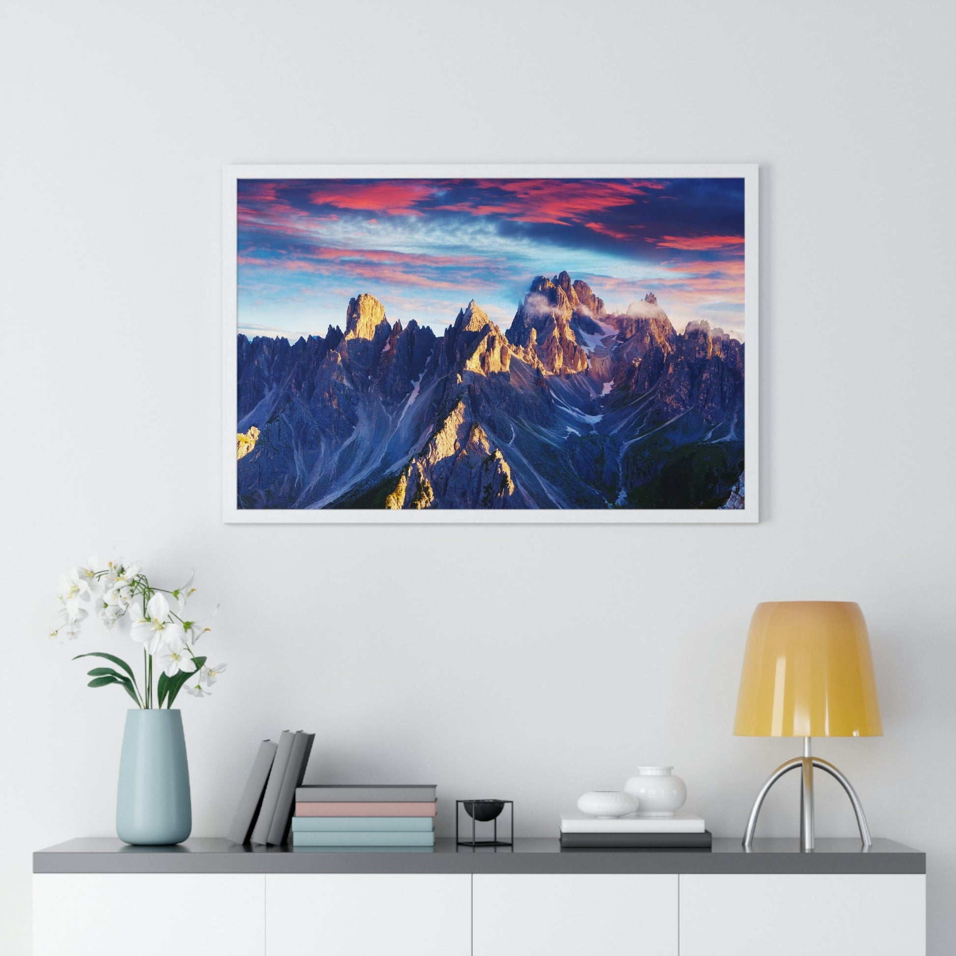 Premium Framed Horizontal Poster - Printed in LATVIA - Eternal Summer Sunrise in Italy Alps, Tre Cime Di Lavaredo, Dolomites, EUROPE - Green Forest Home