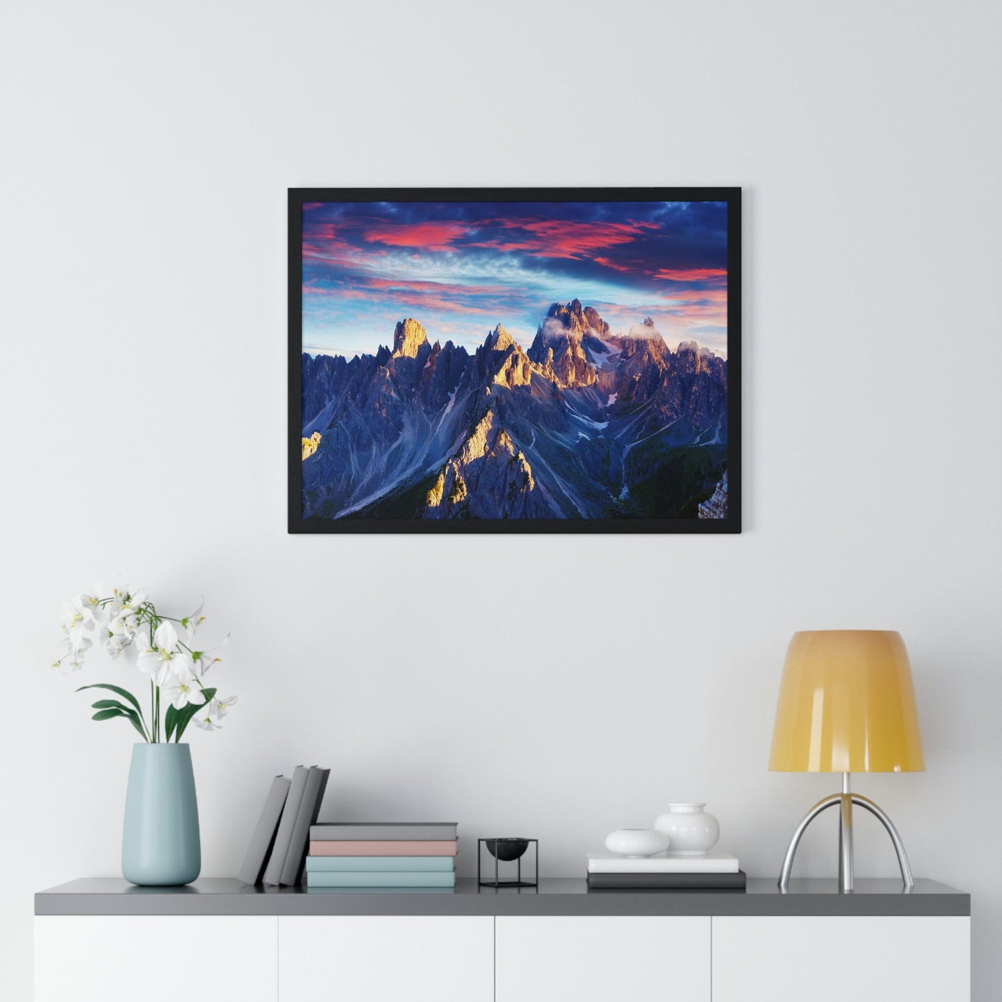 Premium Framed Horizontal Poster - Printed in LATVIA - Eternal Summer Sunrise in Italy Alps, Tre Cime Di Lavaredo, Dolomites, EUROPE - Green Forest Home