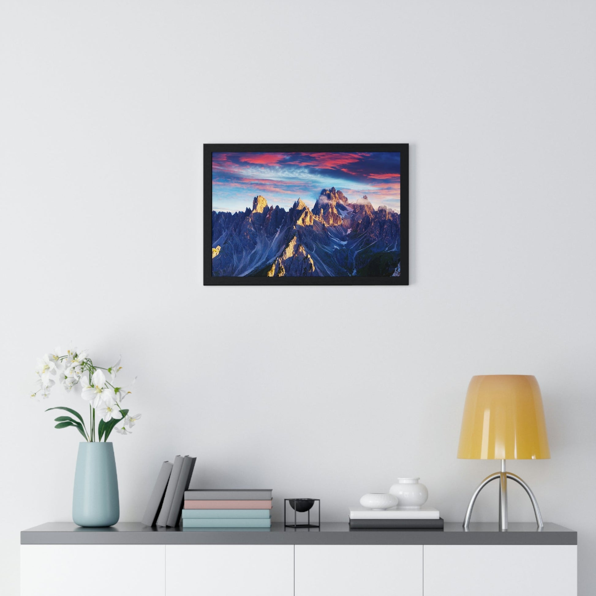 Premium Framed Horizontal Poster - Printed in LATVIA - Eternal Summer Sunrise in Italy Alps, Tre Cime Di Lavaredo, Dolomites, EUROPE - Green Forest Home