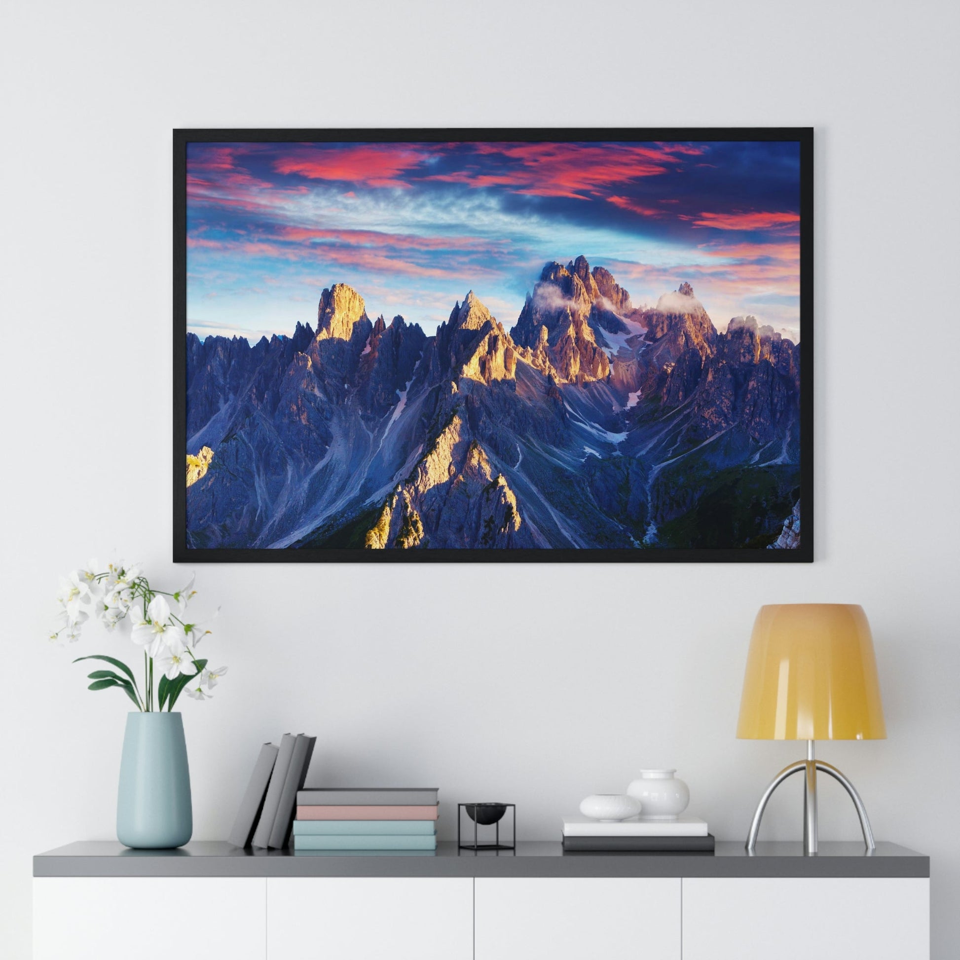 Premium Framed Horizontal Poster - Printed in LATVIA - Eternal Summer Sunrise in Italy Alps, Tre Cime Di Lavaredo, Dolomites, EUROPE - Green Forest Home