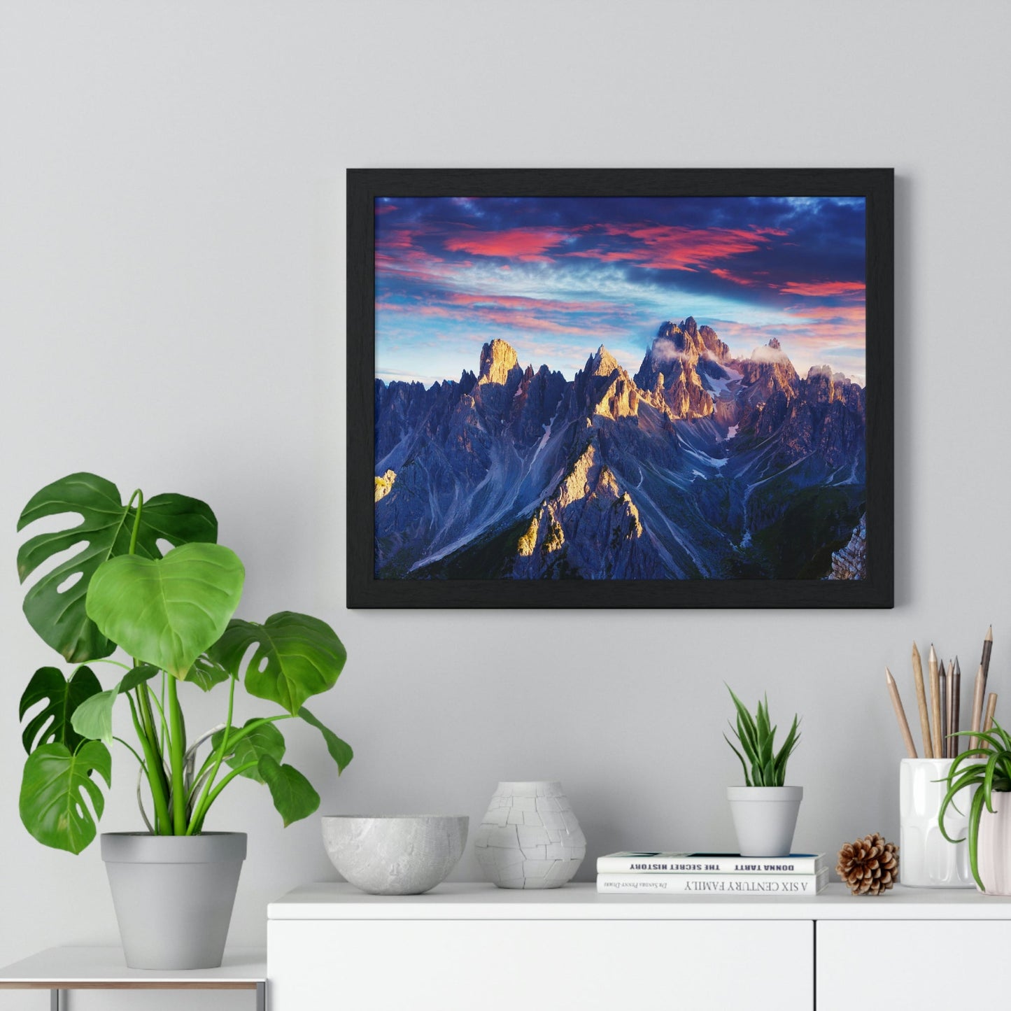 Premium Framed Horizontal Poster - Printed in LATVIA - Eternal Summer Sunrise in Italy Alps, Tre Cime Di Lavaredo, Dolomites, EUROPE - Green Forest Home