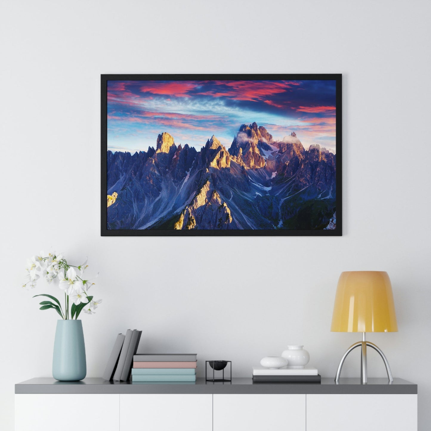 Premium Framed Horizontal Poster - Printed in LATVIA - Eternal Summer Sunrise in Italy Alps, Tre Cime Di Lavaredo, Dolomites, EUROPE - Green Forest Home