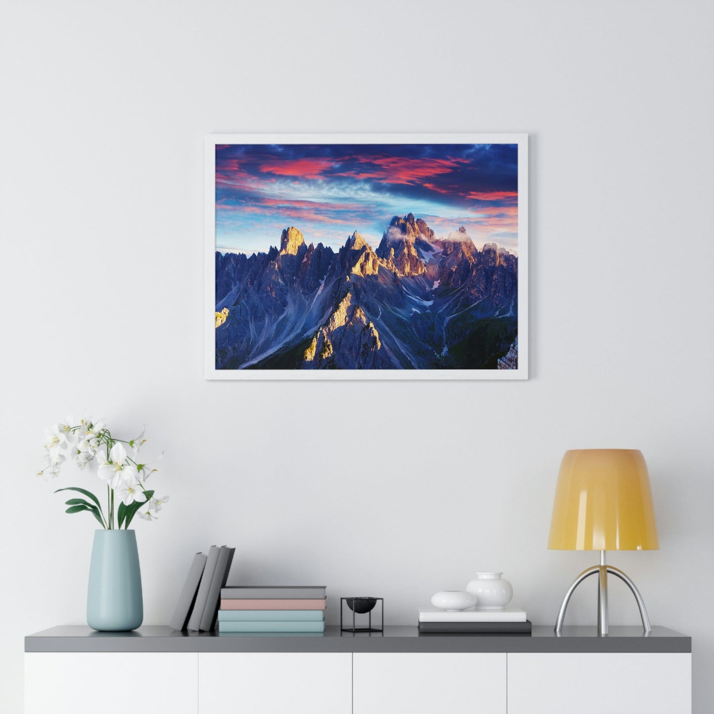 Premium Framed Horizontal Poster - Printed in LATVIA - Eternal Summer Sunrise in Italy Alps, Tre Cime Di Lavaredo, Dolomites, EUROPE - Green Forest Home