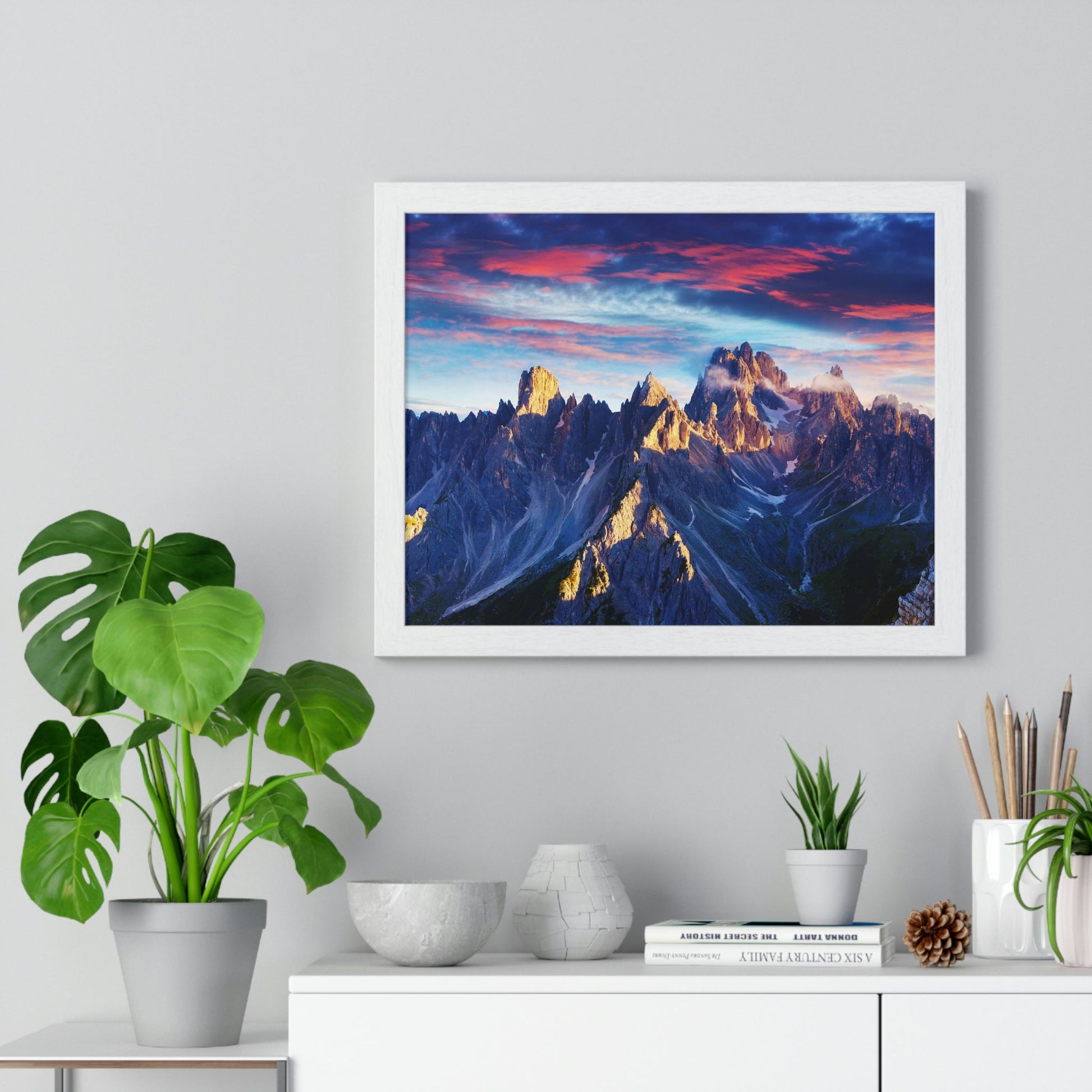 Premium Framed Horizontal Poster - Printed in LATVIA - Eternal Summer Sunrise in Italy Alps, Tre Cime Di Lavaredo, Dolomites, EUROPE - Green Forest Home